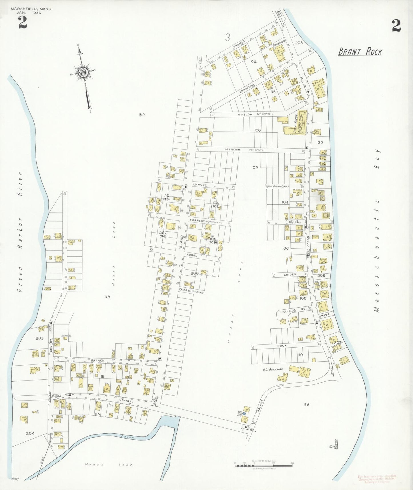 Sanborn Fire Insurance Map from Marshfield, Plymouth County, Massachusetts (1933), Sheet #0002 - Historic Sanborn Fire Insurance Map Print, vintage old map wall art, antique decor, genealogy gift, Massachusetts Massachusetts map