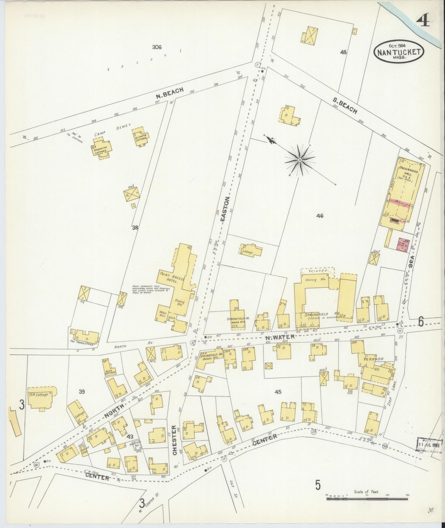 Sanborn Fire Insurance Map from Nantucket, Nantucket County, Massachusetts (1904), Sheet #0004 - Historic Sanborn Fire Insurance Map Print, vintage old map wall art, antique decor, genealogy gift, Massachusetts Massachusetts map