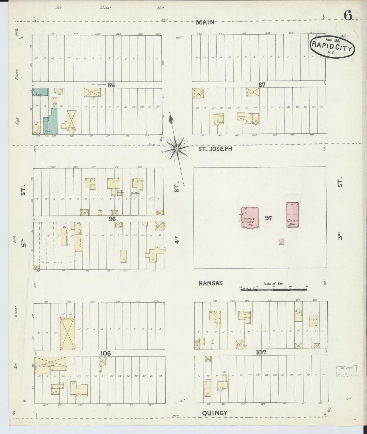 Sanborn Fire Insurance Map from Rapid City, Pennington County, South Dakota (1891), Sheet #0006 - Historic Sanborn Fire Insurance Map Print, vintage old map wall art, antique decor, genealogy gift, South Dakota South Dakota map