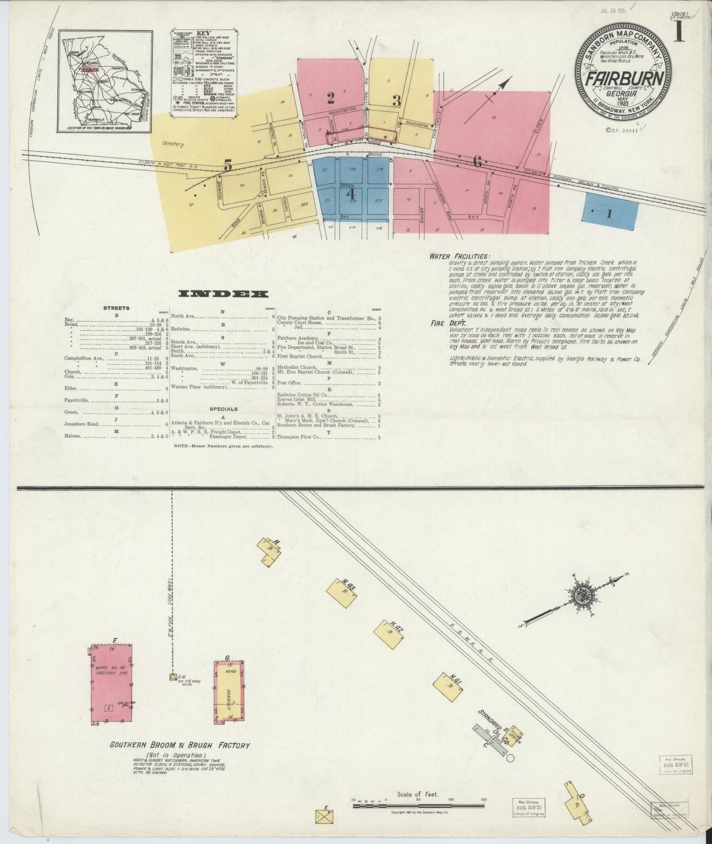Sanborn Fire Insurance Map from Fairburn, Fulton County, Georgia (1921), Sheet #0001 - Historic Sanborn Fire Insurance Map Print, vintage old map wall art, antique decor, genealogy gift, Georgia Georgia map