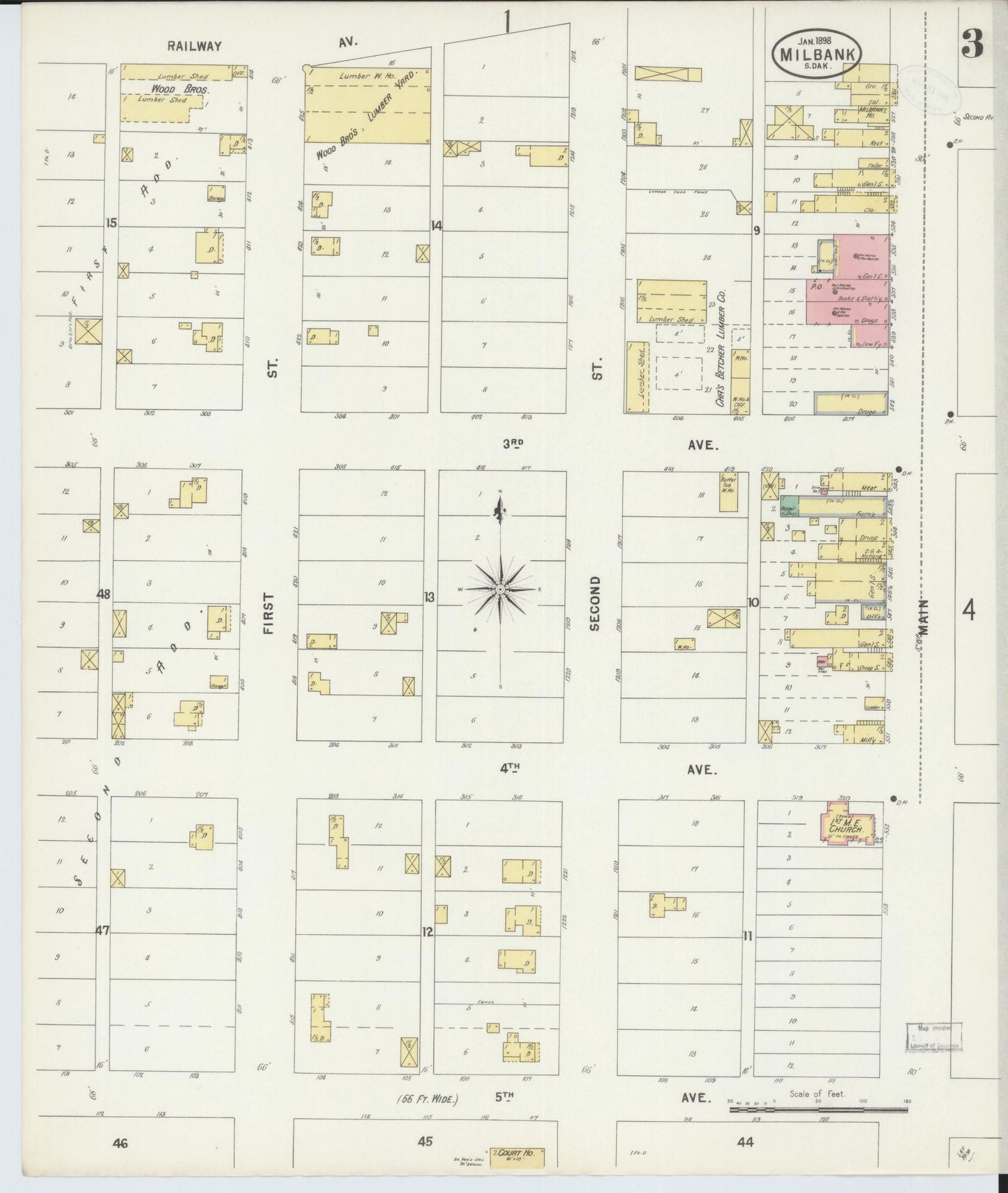 Sanborn Fire Insurance Map from Milbank, Grant County, South Dakota (1898), Sheet #0003 - Historic Sanborn Fire Insurance Map Print, vintage old map wall art, antique decor, genealogy gift, South Dakota South Dakota map