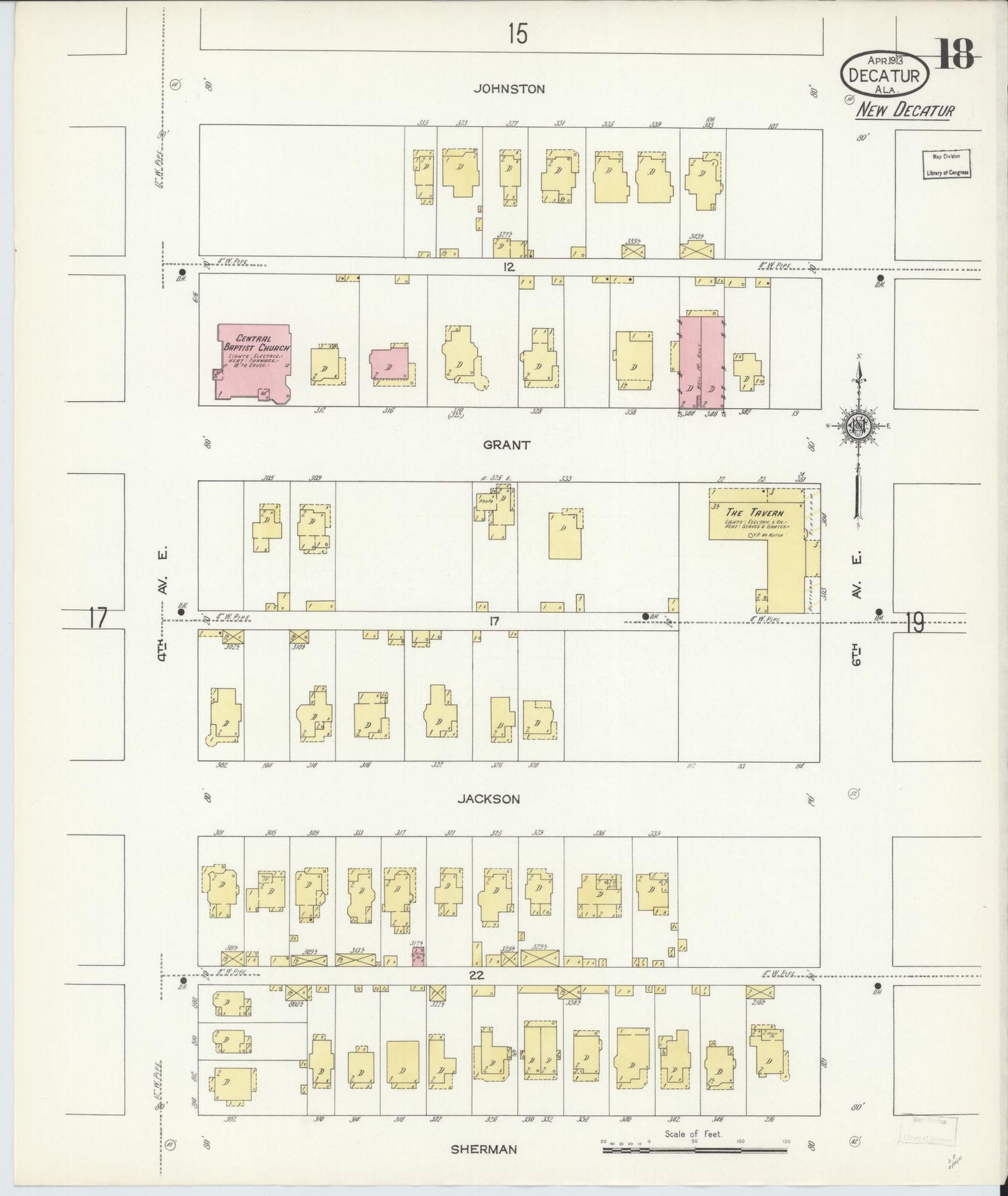 Sanborn Fire Insurance Map from Decatur, Morgan County, Alabama (1913), Sheet #0018 - Historic Sanborn Fire Insurance Map Print, vintage old map wall art, antique decor, genealogy gift, Alabama Alabama map