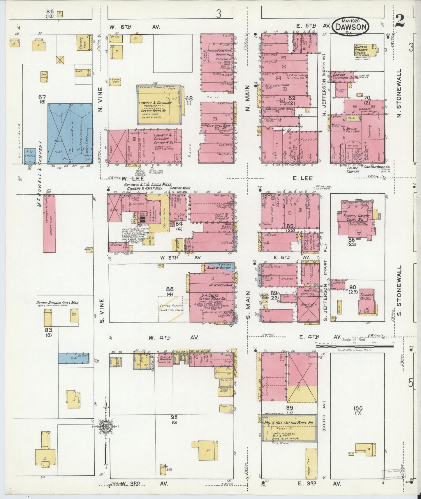 Sanborn Fire Insurance Map from Dawson, Terrell County, Georgia (1920), Sheet #0002 - Historic Sanborn Fire Insurance Map Print, vintage old map wall art, antique decor, genealogy gift, Georgia Georgia map