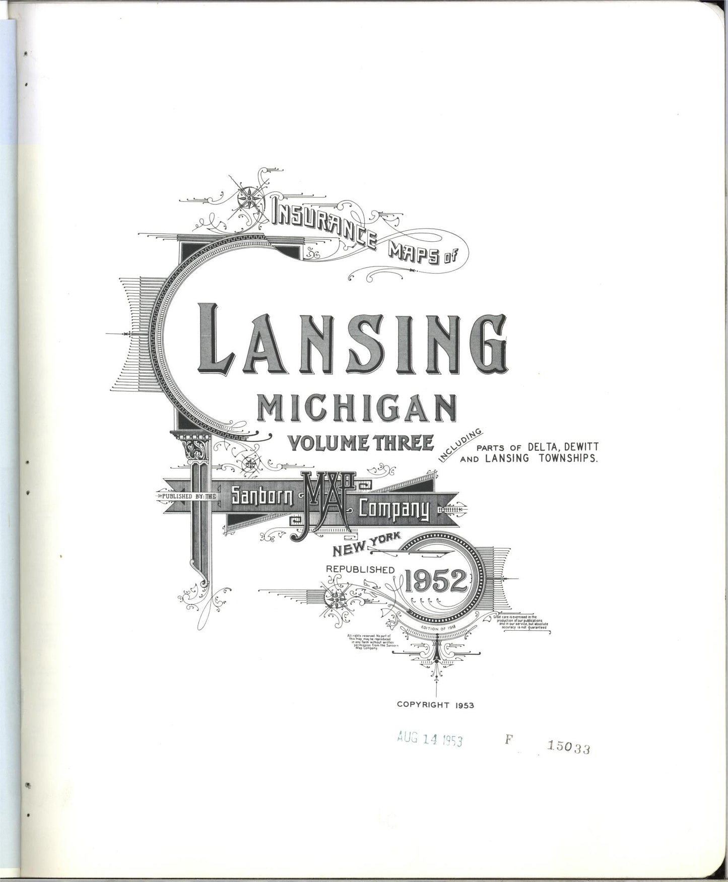 Sanborn Fire Insurance Map from Lansing, Ingham County, Michigan (1953), Sheet #0001 - Complete Map Set gallery image, historic Sanborn map, vintage wall art, Michigan Michigan