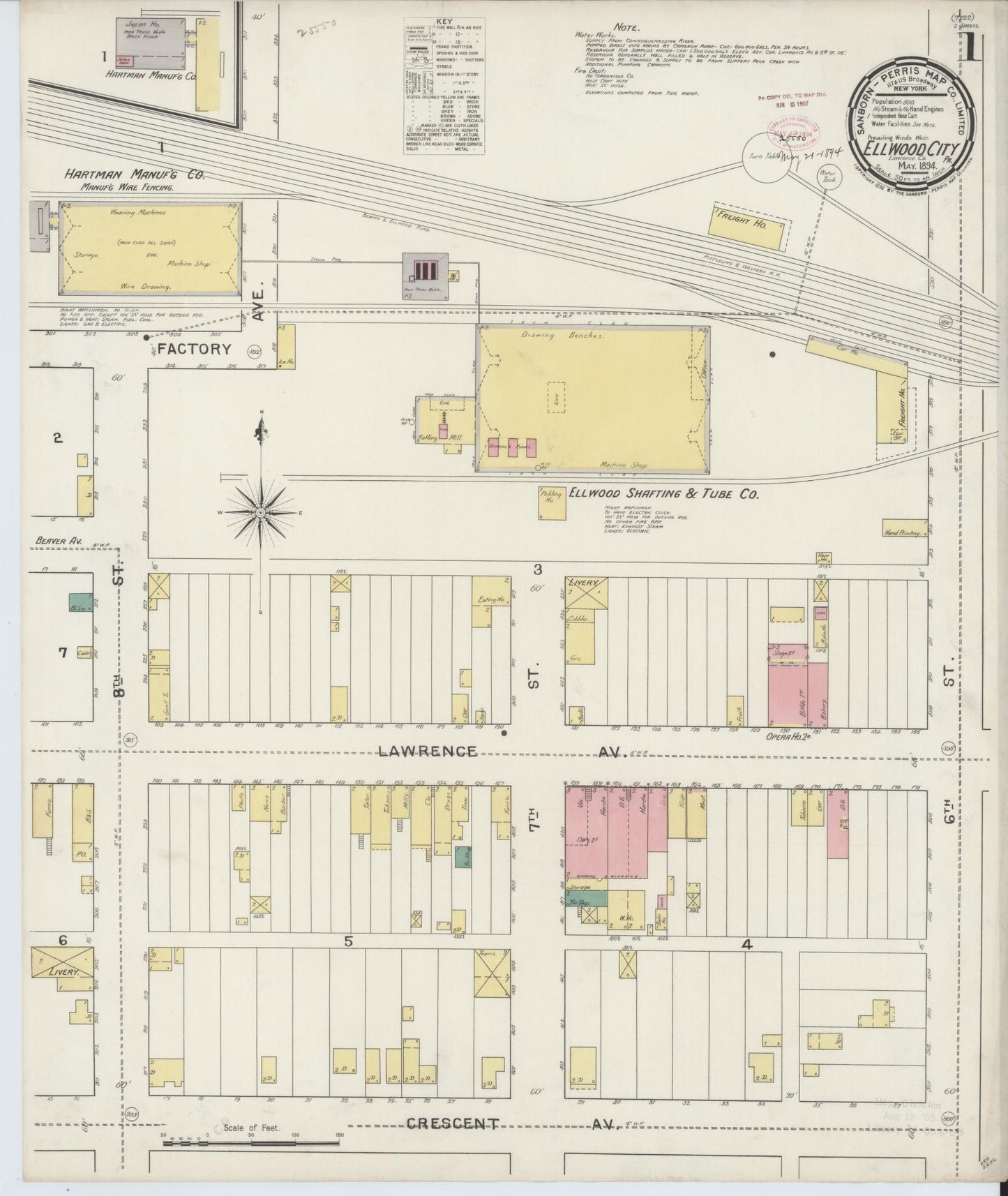 Sanborn Fire Insurance Map from Ellwood City, Lawrence County, Pennsylvania (1894), Sheet #0001 - Historic Sanborn Fire Insurance Map Print, vintage old map wall art, antique decor, genealogy gift, Pennsylvania Pennsylvania map