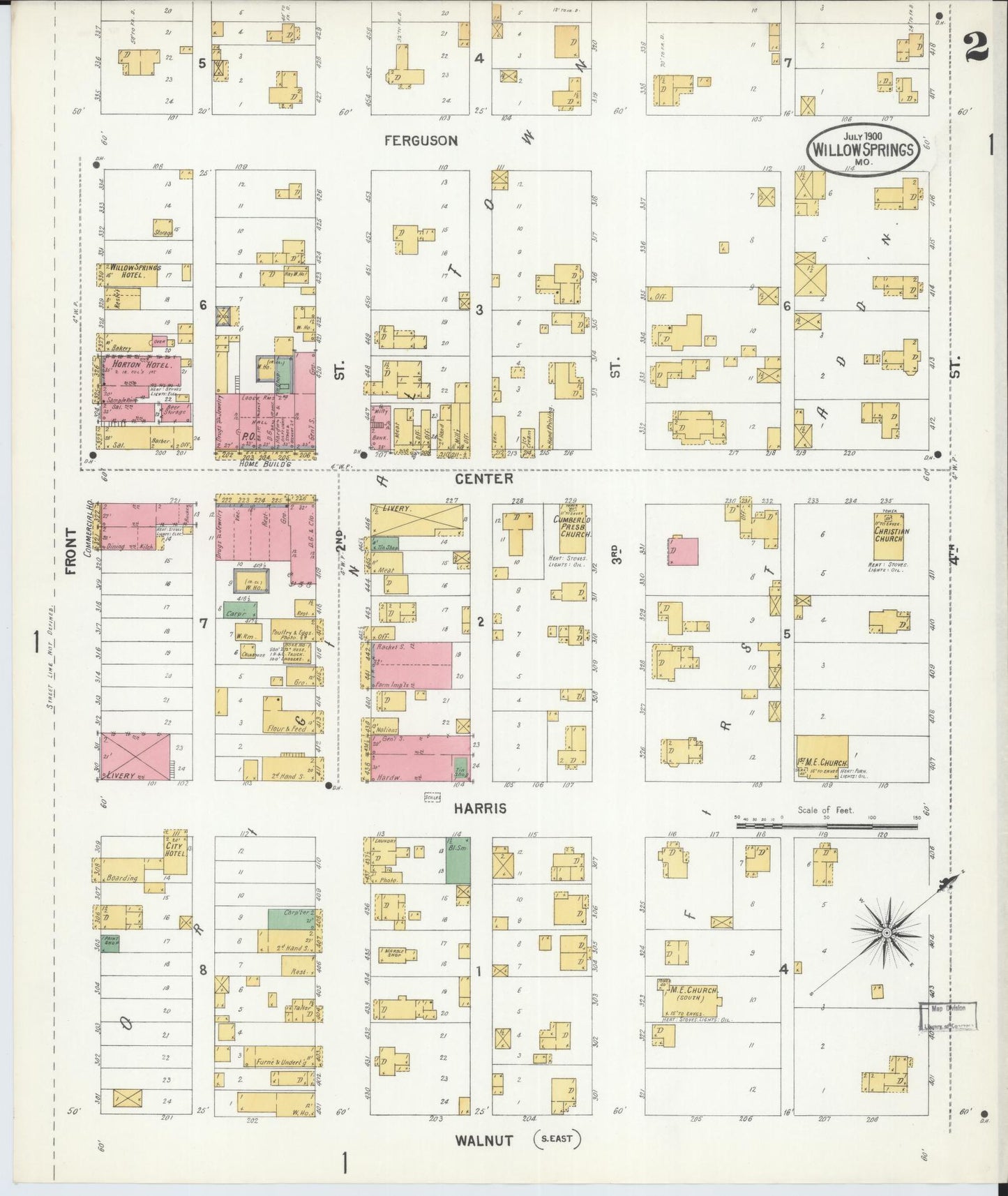 Sanborn Fire Insurance Map from Willow Springs, Howell County, Missouri (1900), Sheet #0002 - Historic Sanborn Fire Insurance Map Print, vintage old map wall art, antique decor, genealogy gift, Missouri Missouri map