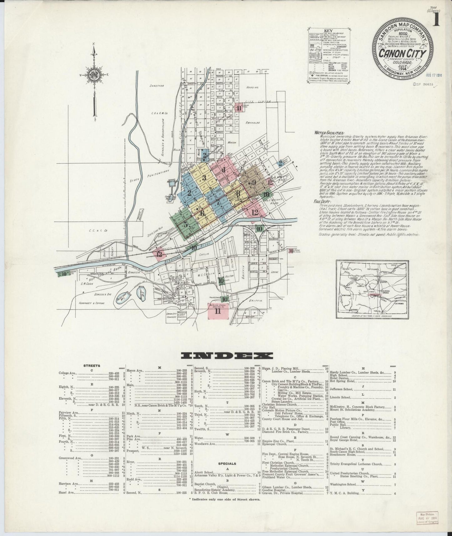 Sanborn Fire Insurance Map from Canon City, Fremont County, Colorado (1914), Sheet #0001 - Historic Sanborn Fire Insurance Map Print, vintage old map wall art, antique decor, genealogy gift, Colorado Colorado map