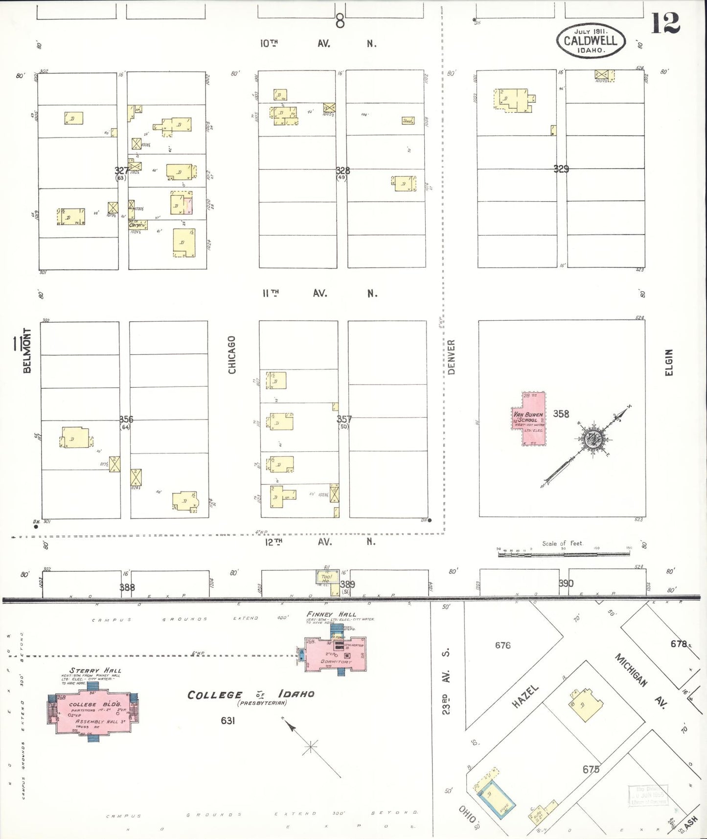 Sanborn Fire Insurance Map from Caldwell, Canyon County, Idaho (1911), Sheet #0012 - Historic Sanborn Fire Insurance Map Print, vintage old map wall art, antique decor, genealogy gift, Idaho Idaho map
