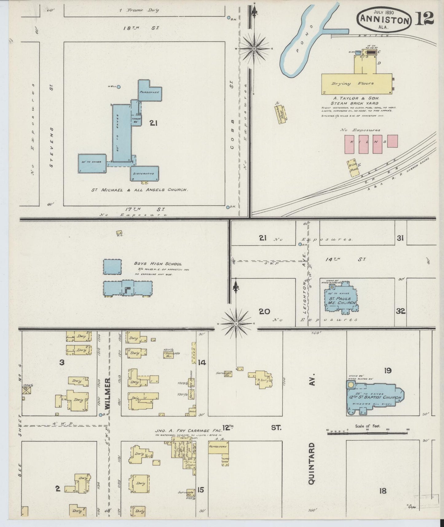 Sanborn Fire Insurance Map from Anniston, Calhoun County, Alabama (1890), Sheet #0012 - Historic Sanborn Fire Insurance Map Print, vintage old map wall art, antique decor, genealogy gift, Alabama Alabama map