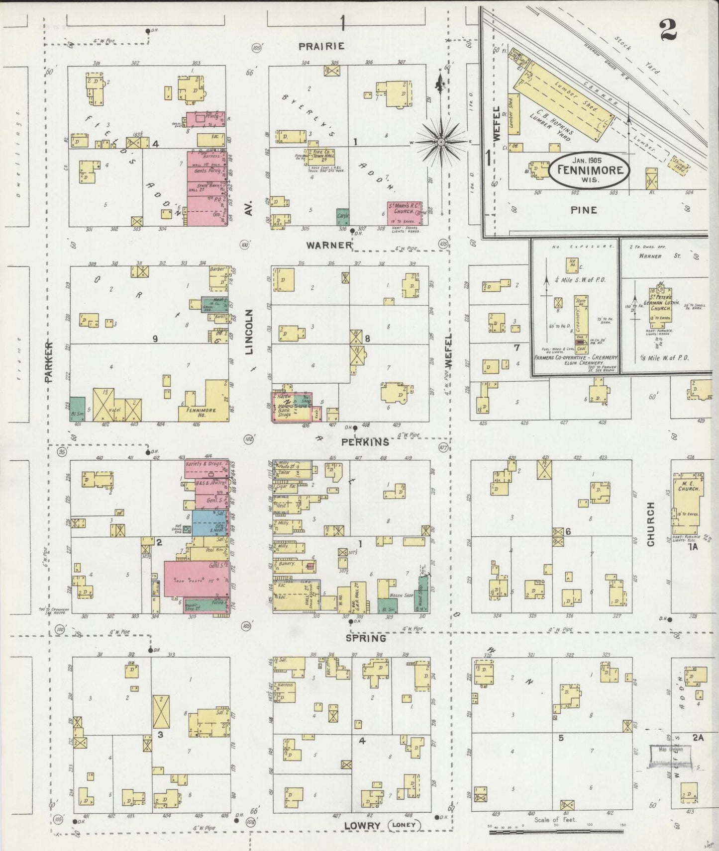 Sanborn Fire Insurance Map from Fennimore, Grant County, Wisconsin (1905), Sheet #0002 - Historic Sanborn Fire Insurance Map Print, vintage old map wall art, antique decor, genealogy gift, Wisconsin Wisconsin map