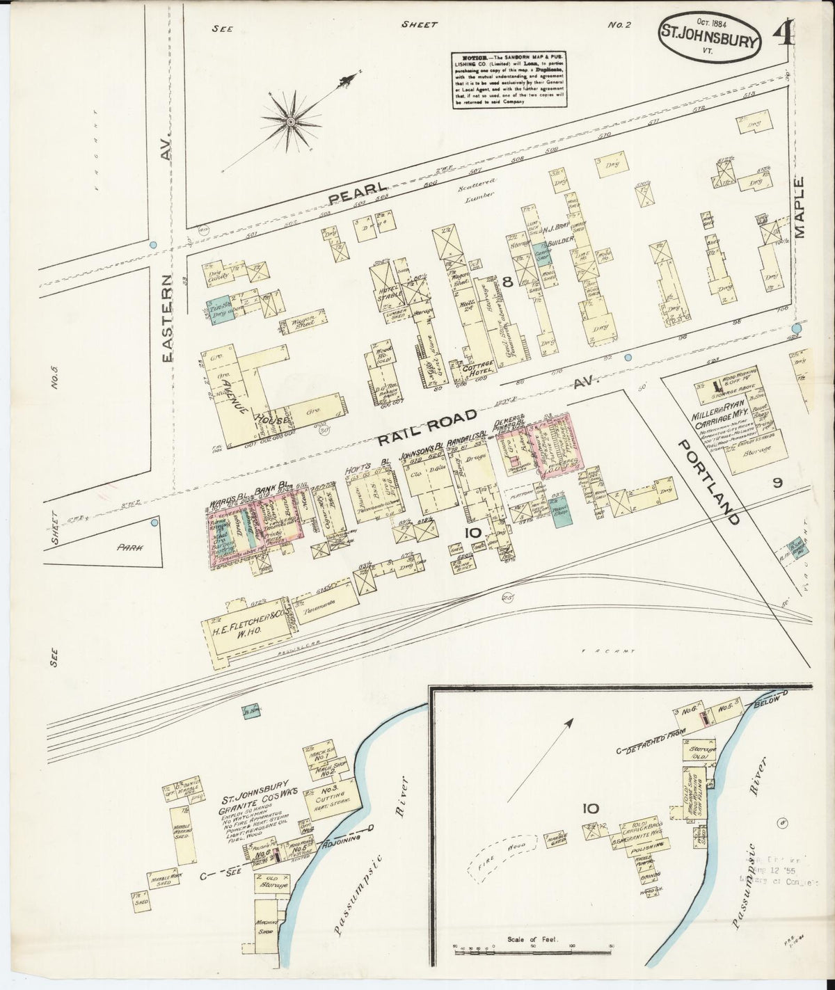 Sanborn Fire Insurance Map from Saint Johnsbury, Caledonia County, Vermont (1884), Sheet #0004 - Historic Sanborn Fire Insurance Map Print, vintage old map wall art, antique decor, genealogy gift, Vermont Vermont map