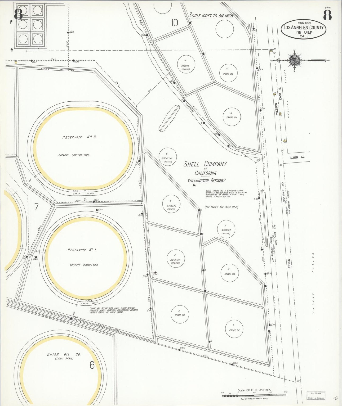 Sanborn Fire Insurance Map from Los Angeles Co., Los Angeles County, California (1924), Sheet #0008 - Historic Sanborn Fire Insurance Map Print, vintage old map wall art, antique decor, genealogy gift, California California map