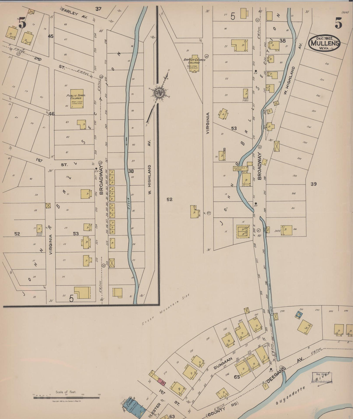 Sanborn Fire Insurance Map from Mullens, Wyoming County, West Virginia (1922), Sheet #0005 - Historic Sanborn Fire Insurance Map Print, vintage old map wall art, antique decor, genealogy gift, West Virginia West Virginia map