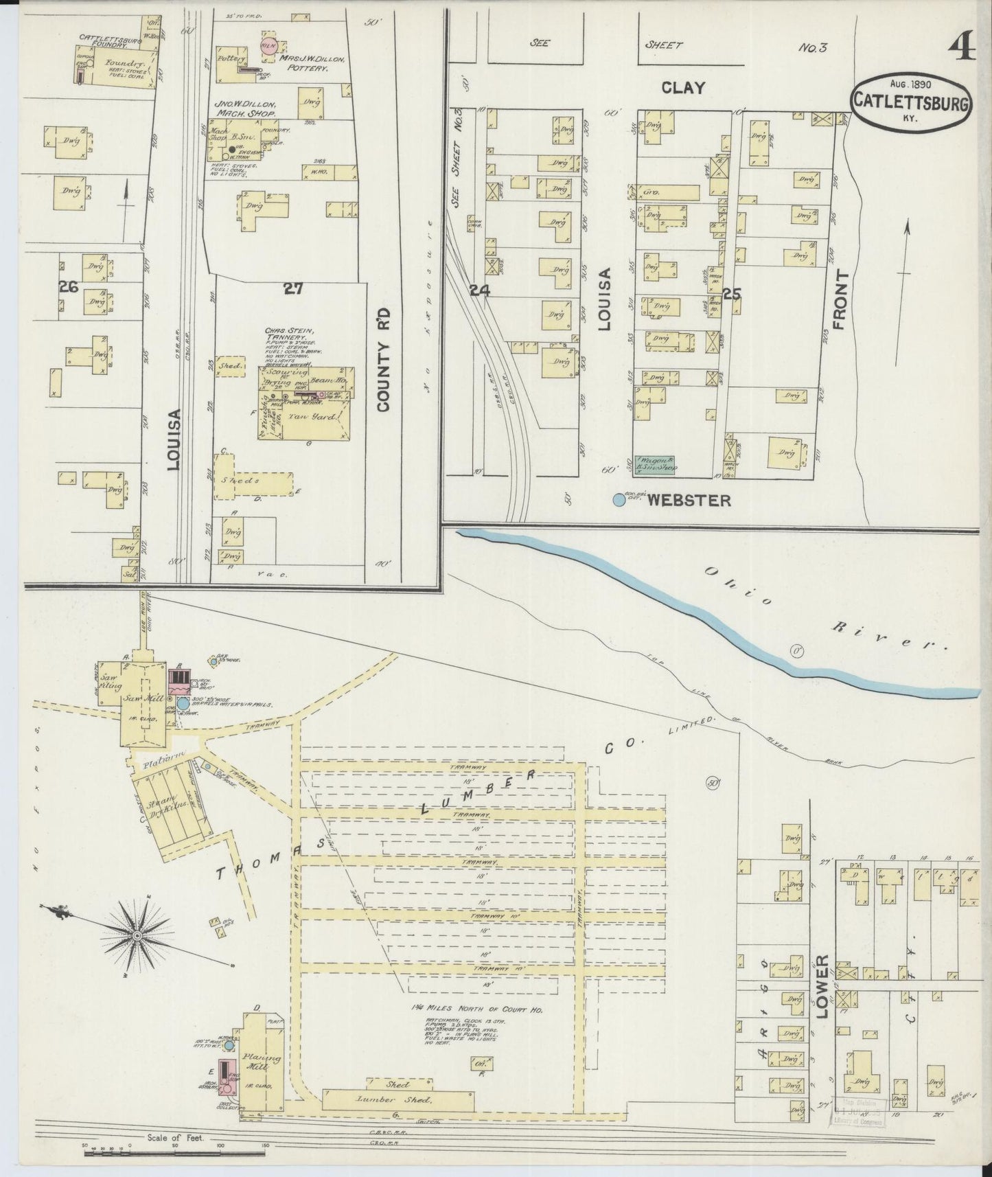 Sanborn Fire Insurance Map from Catlettsburg, Boyd County, Kentucky (1890), Sheet #0004 - Historic Sanborn Fire Insurance Map Print, vintage old map wall art, antique decor, genealogy gift, Kentucky Kentucky map