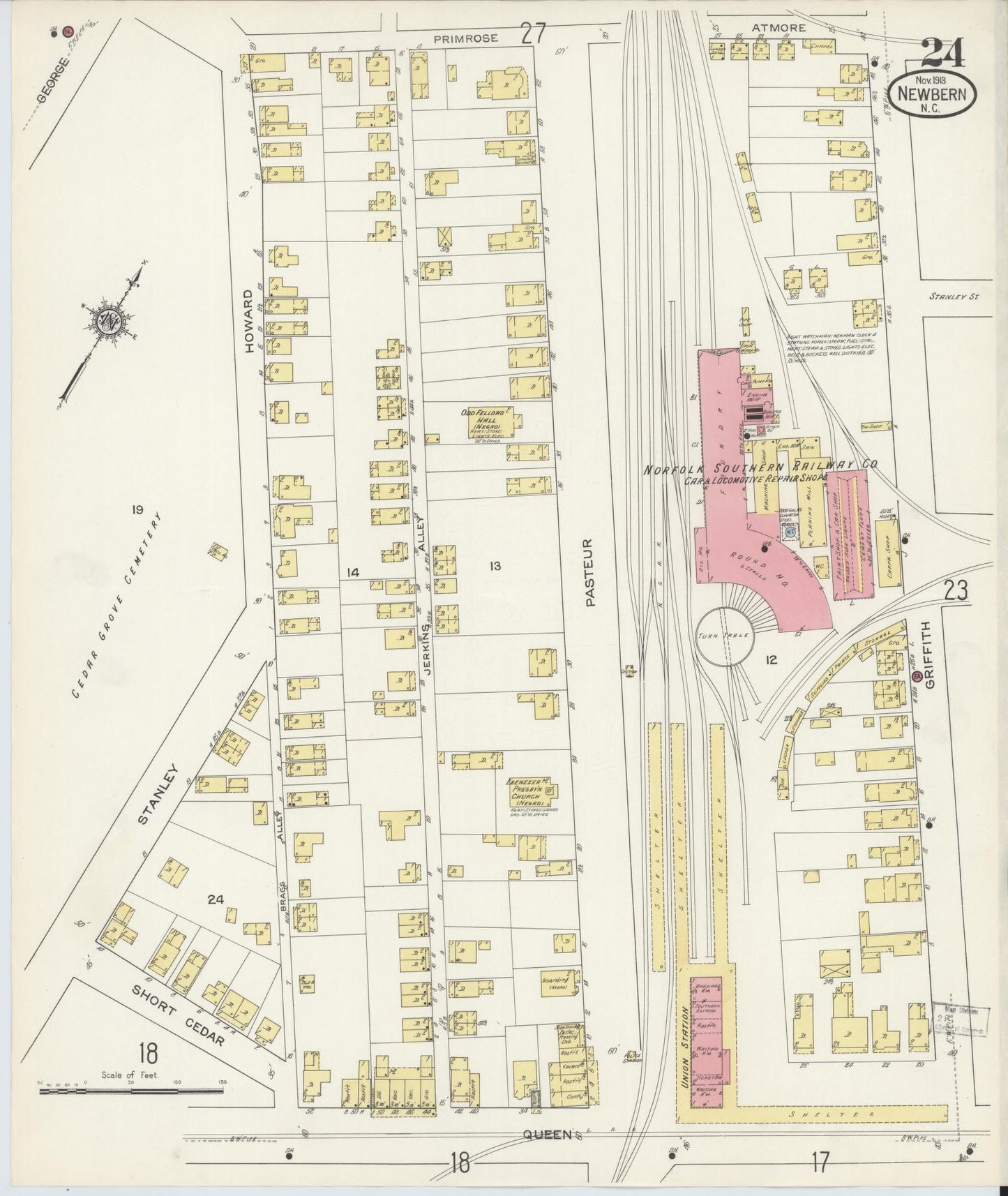 Sanborn Fire Insurance Map from New Bern, Craven County, North Carolina (1913), Sheet #0024 - Historic Sanborn Fire Insurance Map Print, vintage old map wall art, antique decor, genealogy gift, North Carolina North Carolina map