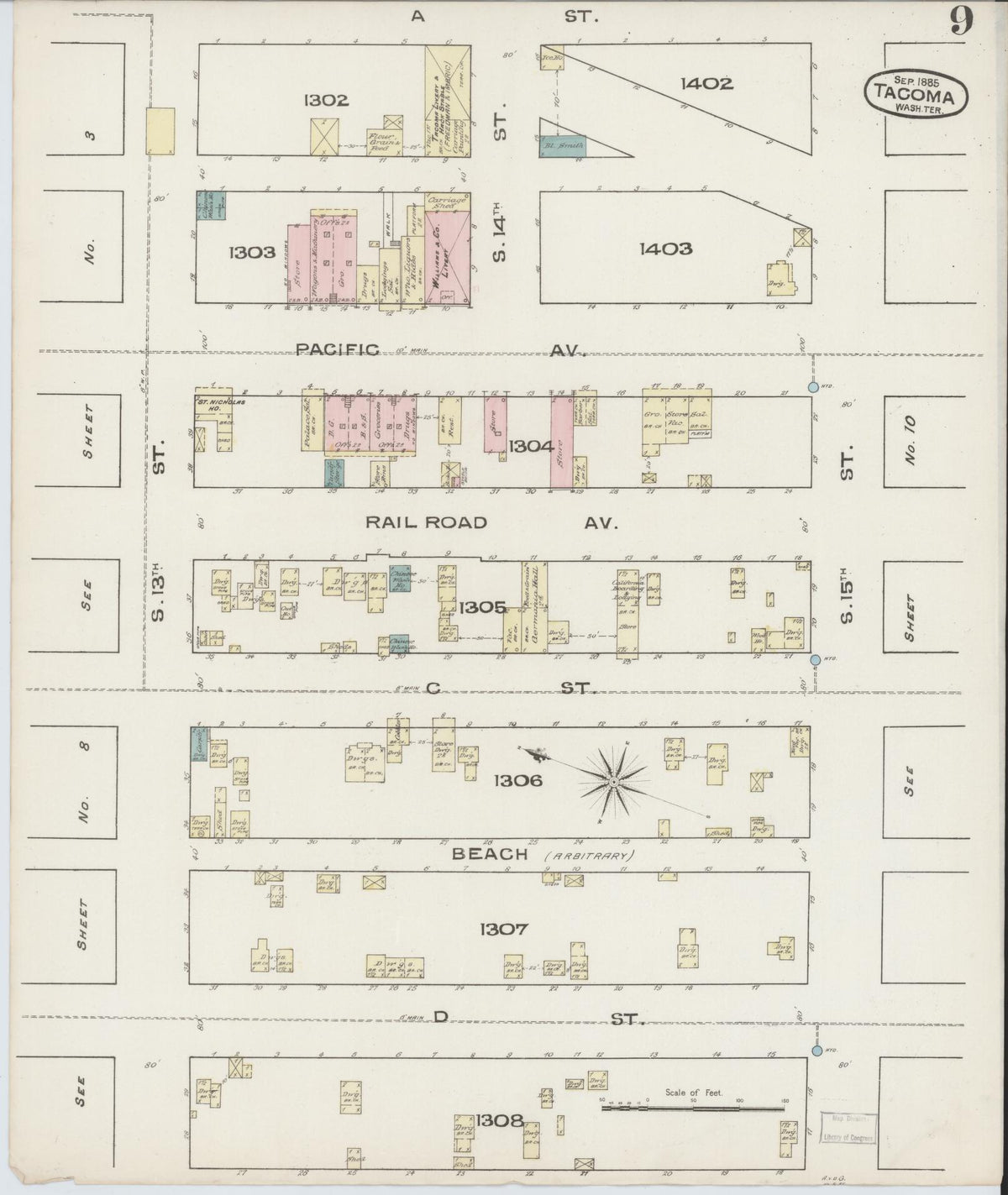 Sanborn Fire Insurance Map from Tacoma, Pierce County, Washington (1885), Sheet #0009 - Historic Sanborn Fire Insurance Map Print, vintage old map wall art, antique decor, genealogy gift, Washington Washington map