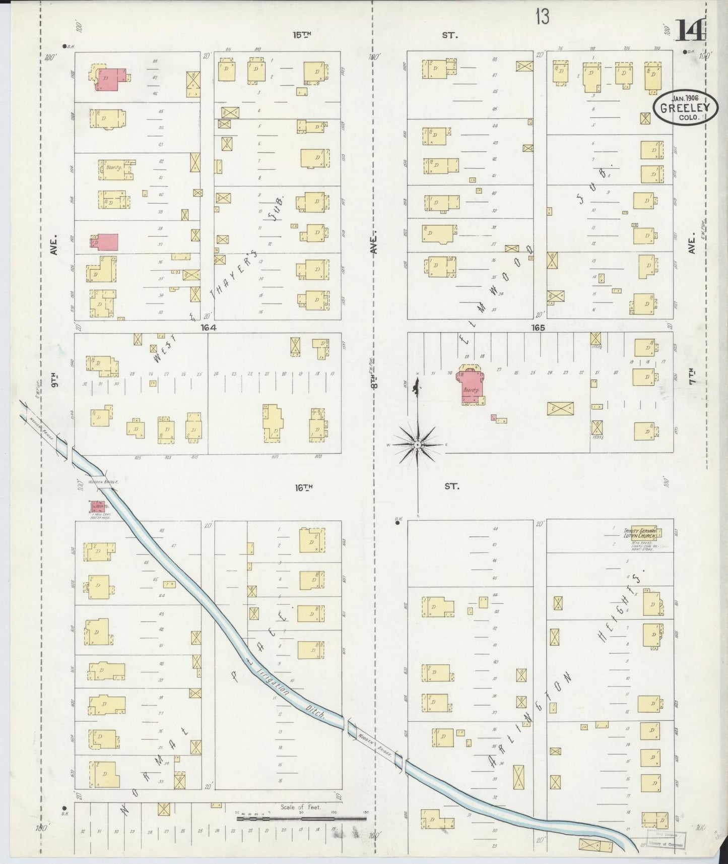 Sanborn Fire Insurance Map from Greeley, Weld County, Colorado (1906), Sheet #0014 - Historic Sanborn Fire Insurance Map Print, vintage old map wall art, antique decor, genealogy gift, Colorado Colorado map
