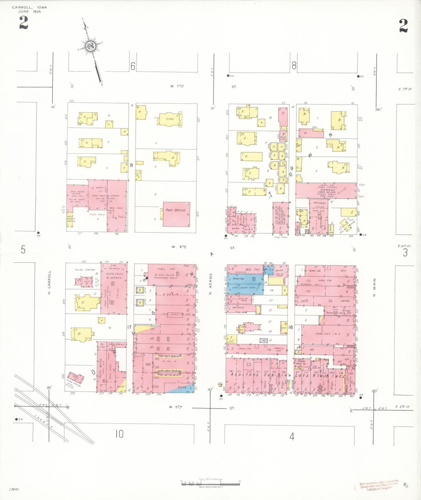 Sanborn Fire Insurance Map from Carroll, Carroll County, Iowa (1935), Sheet #0002 - Historic Sanborn Fire Insurance Map Print, vintage old map wall art