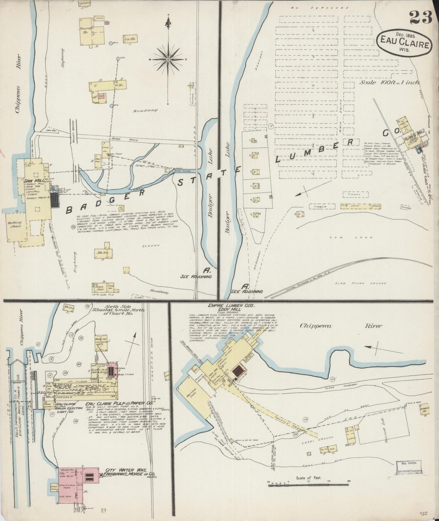 Sanborn Fire Insurance Map from Eau Claire, Eau Claire County, Wisconsin (1885), Sheet #0023 - Historic Sanborn Fire Insurance Map Print, vintage old map wall art, antique decor, genealogy gift, Wisconsin Wisconsin map