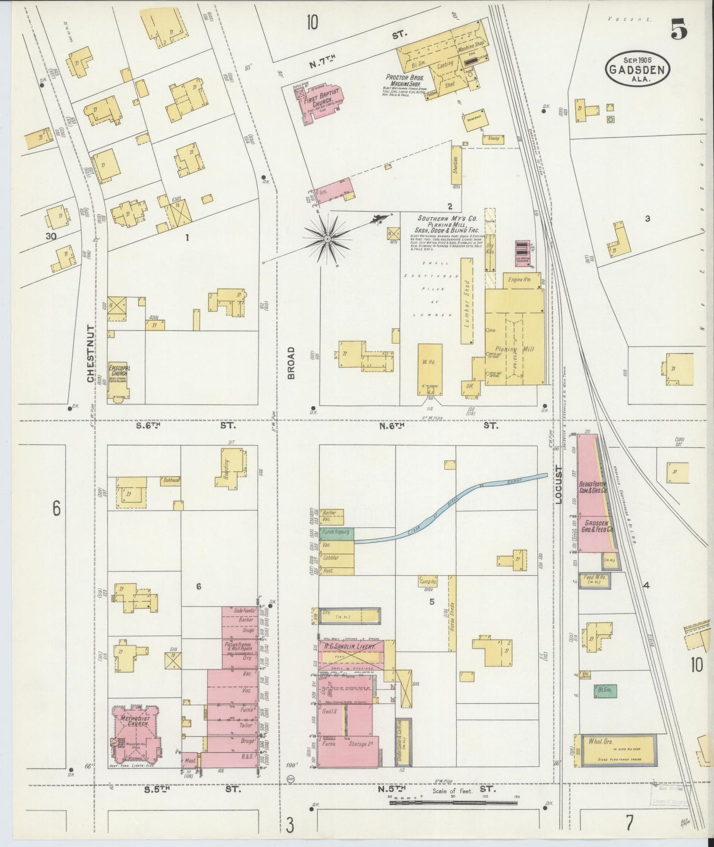 Sanborn Fire Insurance Map from Gadsden, Etowah County, Alabama (1905), Sheet #0005 - Historic Sanborn Fire Insurance Map Print, vintage old map wall art, antique decor, genealogy gift, Alabama Alabama map