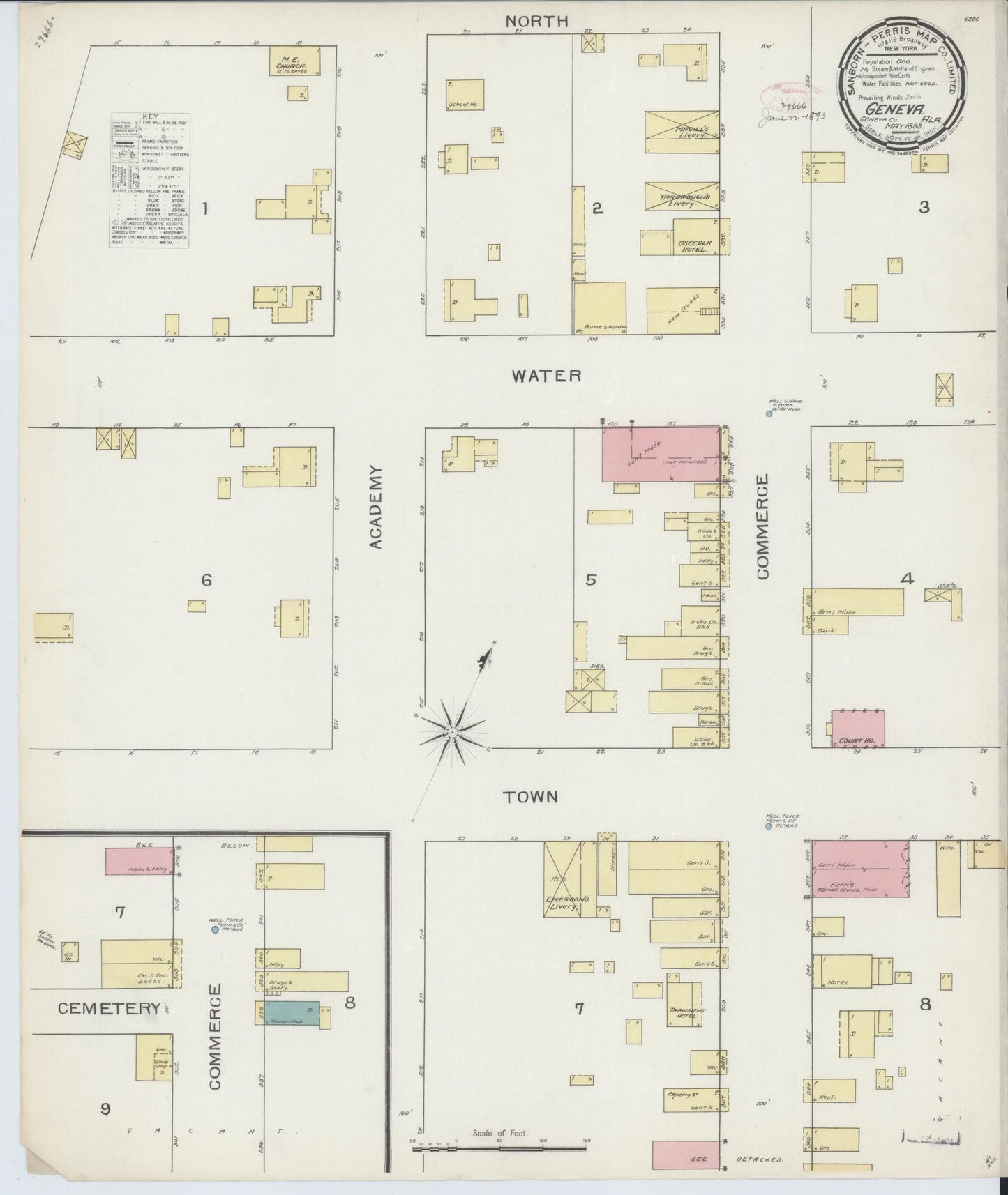 Sanborn Fire Insurance Map from Geneva, Geneva County, Alabama (1893), Sheet #0001 - Historic Sanborn Fire Insurance Map Print, vintage old map wall art, antique decor, genealogy gift, Alabama Alabama map
