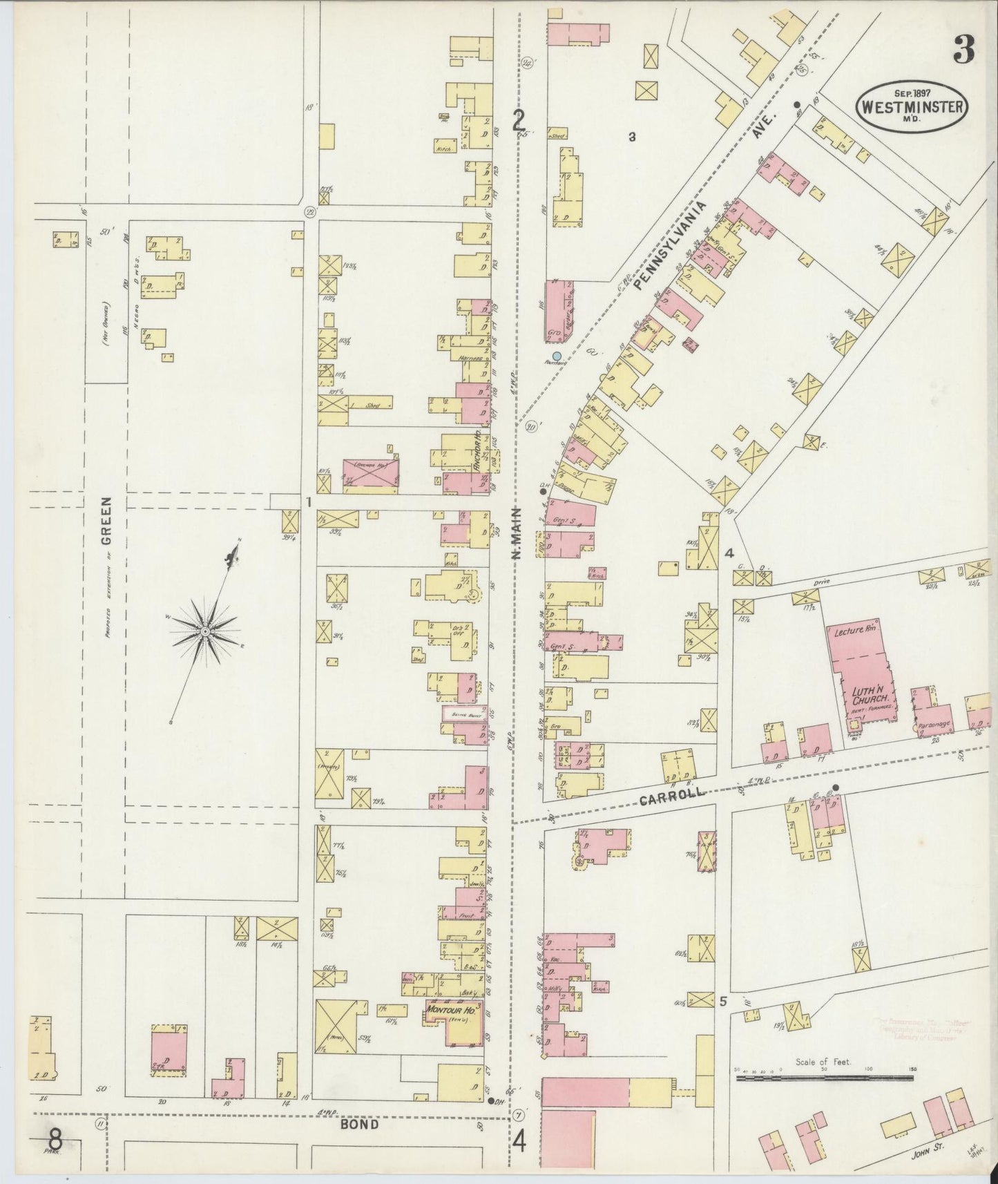 Sanborn Fire Insurance Map from Westminster, Carroll County, Maryland (1897), Sheet #0003 - Historic Sanborn Fire Insurance Map Print, vintage old map wall art, antique decor, genealogy gift, Maryland Maryland map