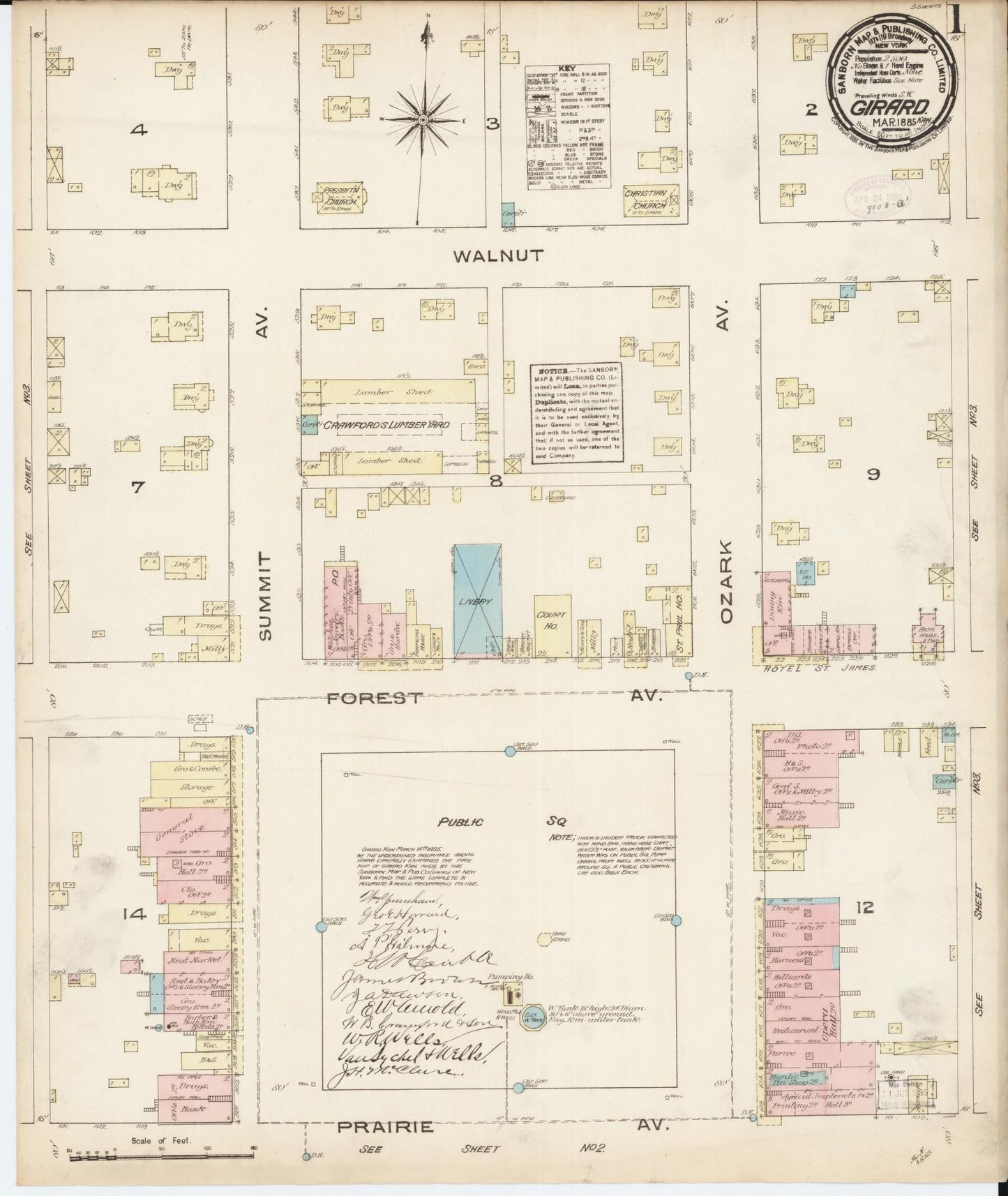 Sanborn Fire Insurance Map from Girard, Crawford County, Kansas (1885), Sheet #0001 - Historic Sanborn Fire Insurance Map Print, vintage old map wall art, antique decor, genealogy gift, Kansas Kansas map