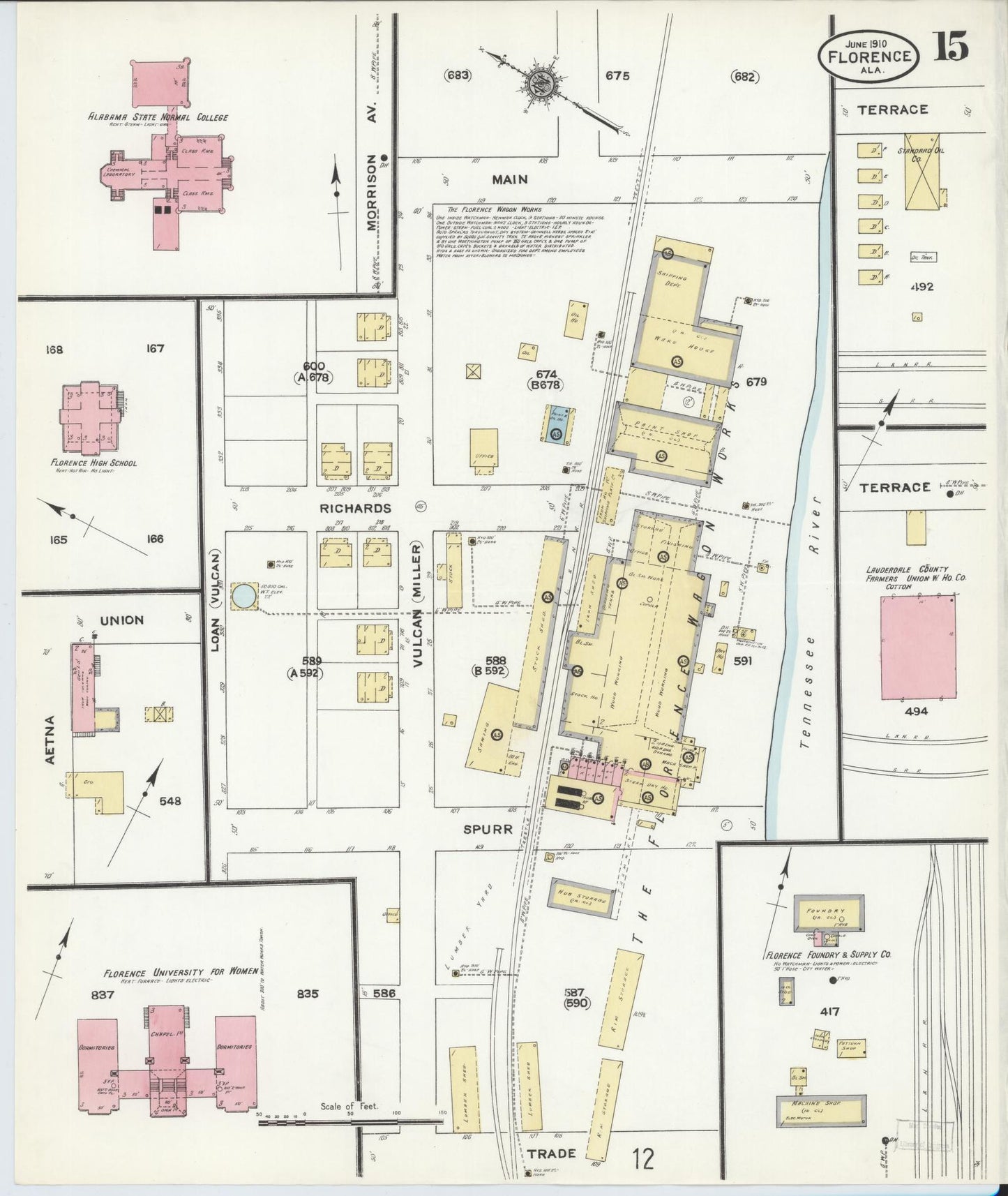 Sanborn Fire Insurance Map from Florence, Lauderdale County, Alabama (1910), Sheet #0015 - Historic Sanborn Fire Insurance Map Print, vintage old map wall art, antique decor, genealogy gift, Alabama Alabama map
