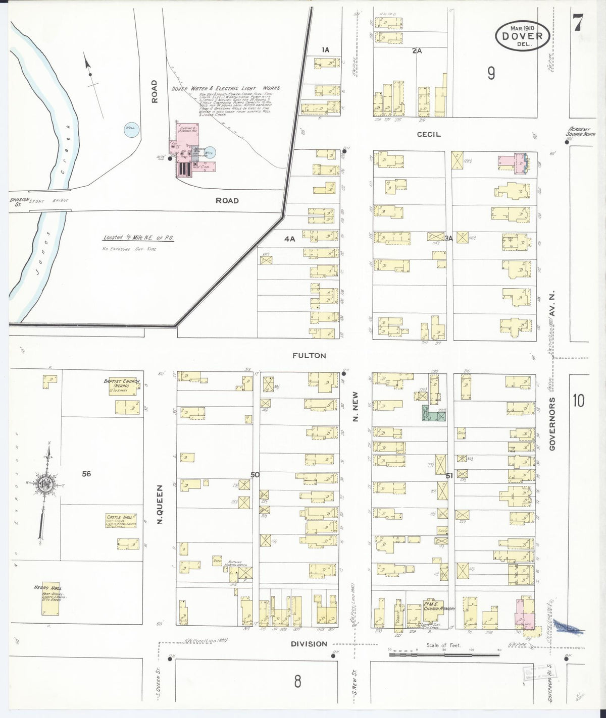 Sanborn Fire Insurance Map from Dover, Kent County, Delaware (1910), Sheet #0007 - Historic Sanborn Fire Insurance Map Print, vintage old map wall art, antique decor, genealogy gift, Delaware Delaware map