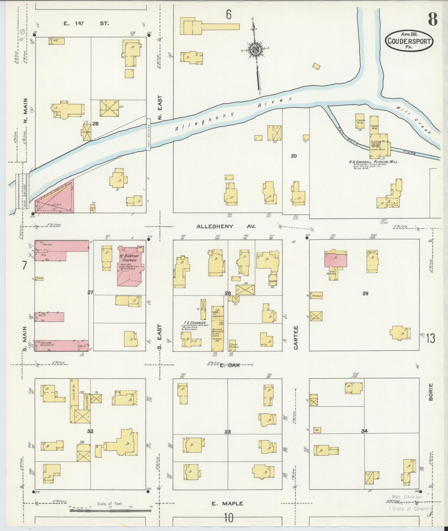 Sanborn Fire Insurance Map from Coudersport, Potter County, Pennsylvania (1911), Sheet #0008 - Historic Sanborn Fire Insurance Map Print, vintage old map wall art, antique decor, genealogy gift, Pennsylvania Pennsylvania map