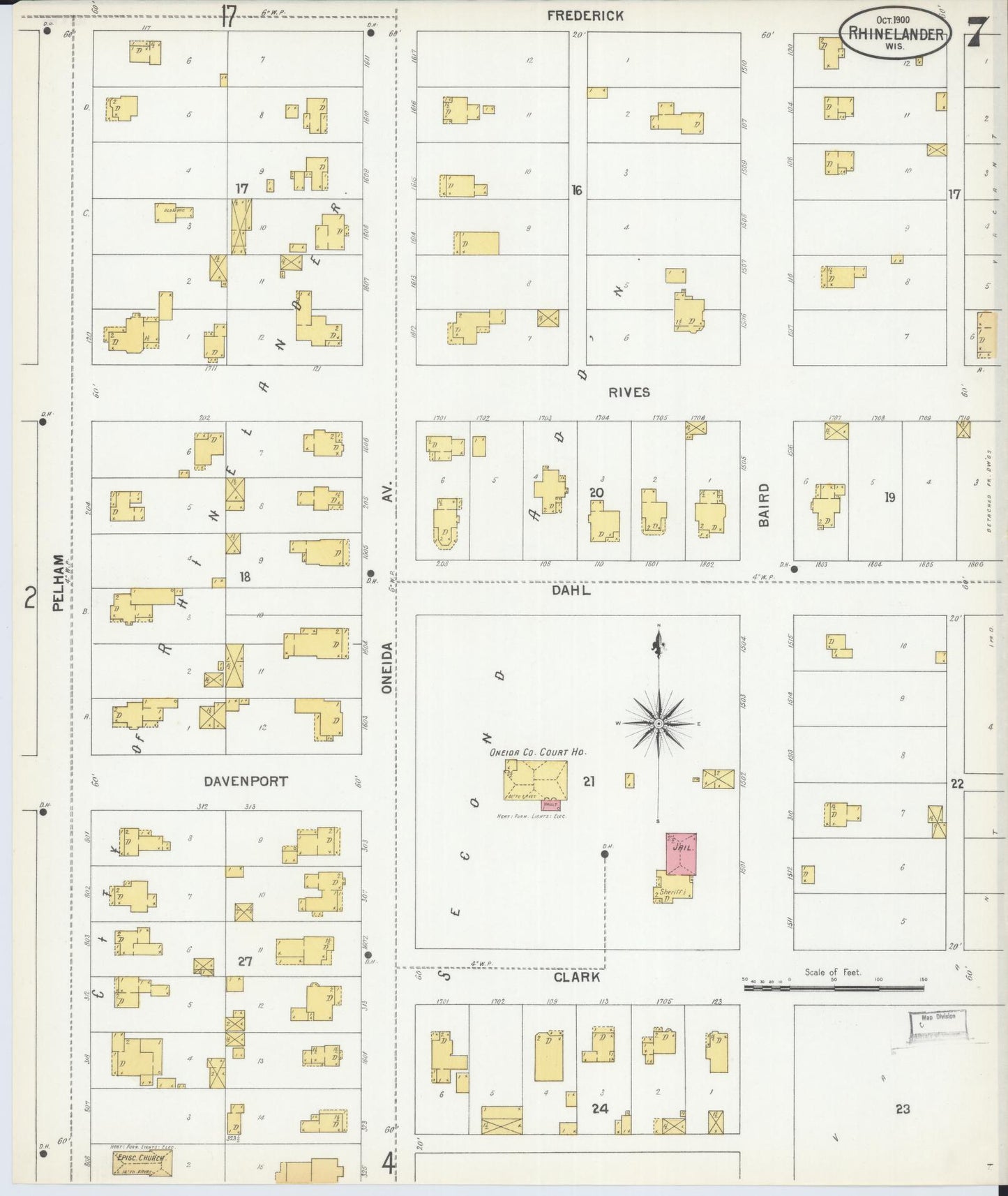 Sanborn Fire Insurance Map from Rhinelander, Oneida County, Wisconsin (1900), Sheet #0007 - Historic Sanborn Fire Insurance Map Print, vintage old map wall art, antique decor, genealogy gift, Wisconsin Wisconsin map