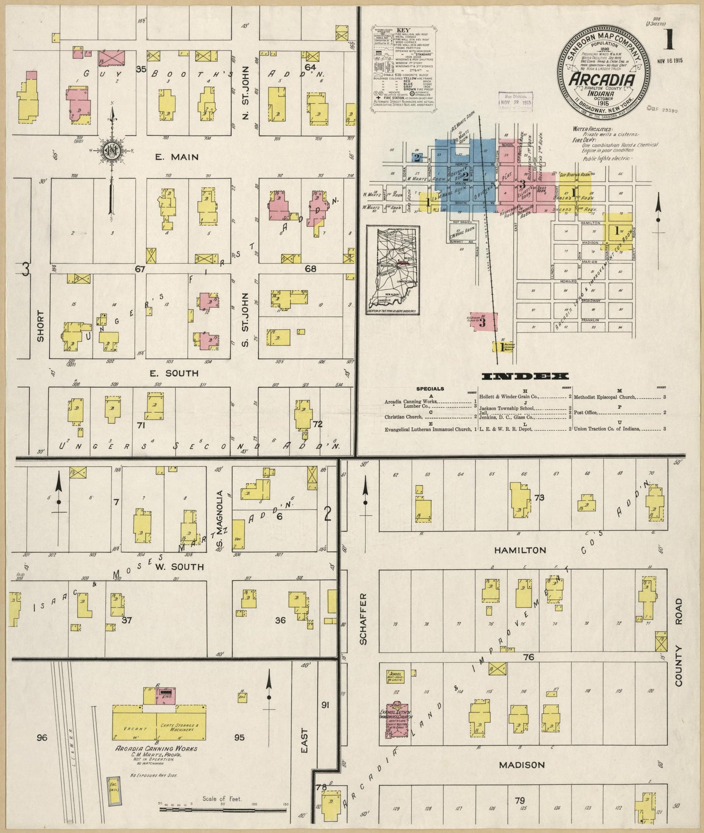 Sanborn Fire Insurance Map from Arcadia, Hamilton County, Indiana (1915), Sheet #0001 - Historic Sanborn Fire Insurance Map Print, vintage old map wall art, antique decor, genealogy gift, Indiana Indiana map