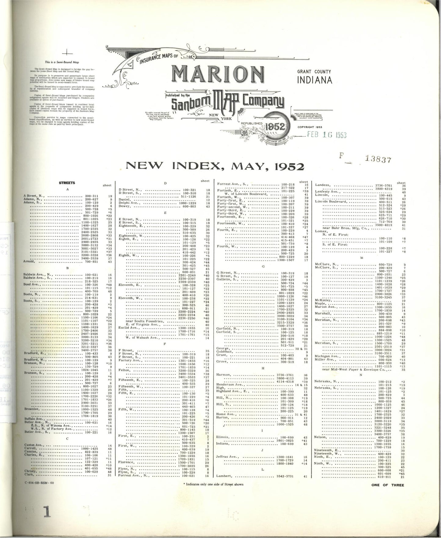 Sanborn Fire Insurance Map from Marion, Grant County, Indiana (1952), Sheet #0001 - Historic Sanborn Fire Insurance Map Print, vintage old map wall art, antique decor, genealogy gift, Indiana Indiana map
