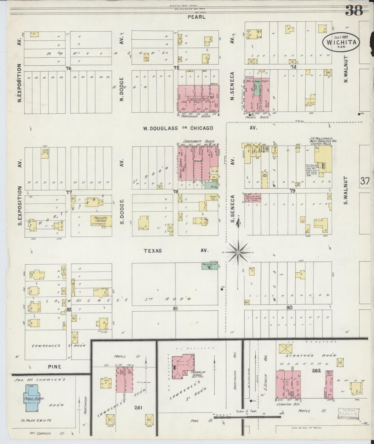 Sanborn Fire Insurance Map from Wichita, Sedgwick County, Kansas (1897), Sheet #0038 - Historic Sanborn Fire Insurance Map Print, vintage old map wall art, antique decor, genealogy gift, Kansas Kansas map