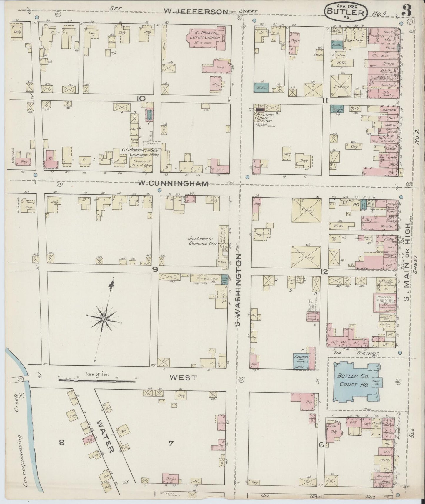 Sanborn Fire Insurance Map from Butler, Butler County, Pennsylvania (1886), Sheet #0003 - Historic Sanborn Fire Insurance Map Print, vintage old map wall art, antique decor, genealogy gift, Pennsylvania Pennsylvania map