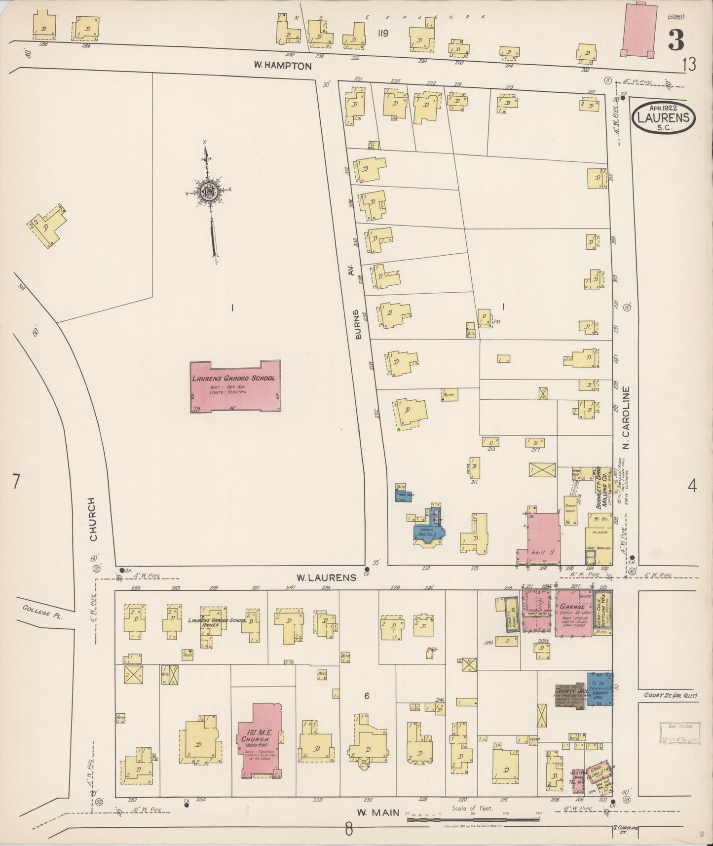 Sanborn Fire Insurance Map from Laurens, Laurens County, South Carolina (1922), Sheet #0003 - Historic Sanborn Fire Insurance Map Print, vintage old map wall art, antique decor, genealogy gift, South Carolina South Carolina map
