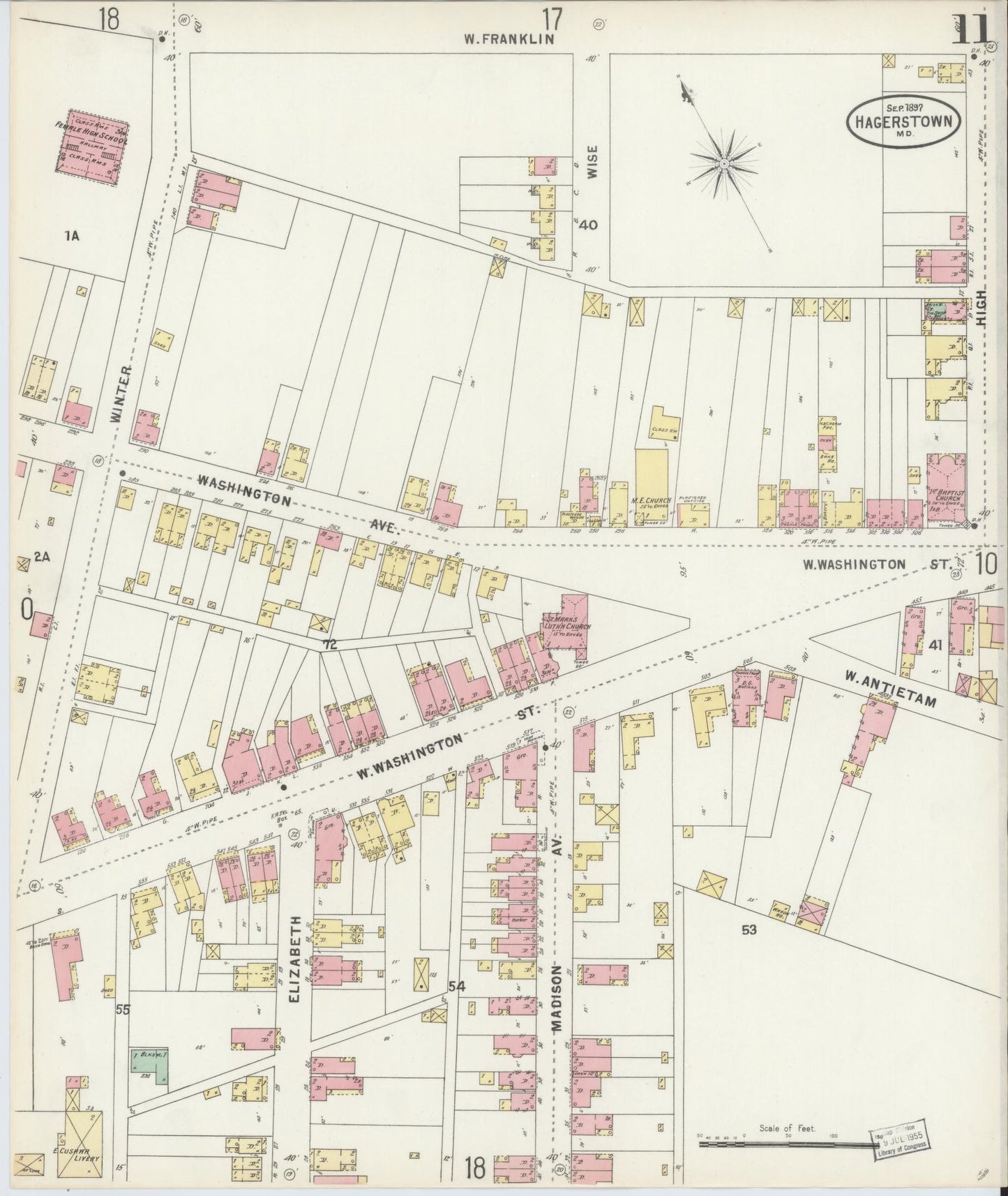 Washington, Maryland - 1897 - Sanborn Fire Insurance Map, Sheet #0011 - Historic Sanborn Fire Insurance Map Print, Washington Maryland 1897 0011 vintage old map wall art
