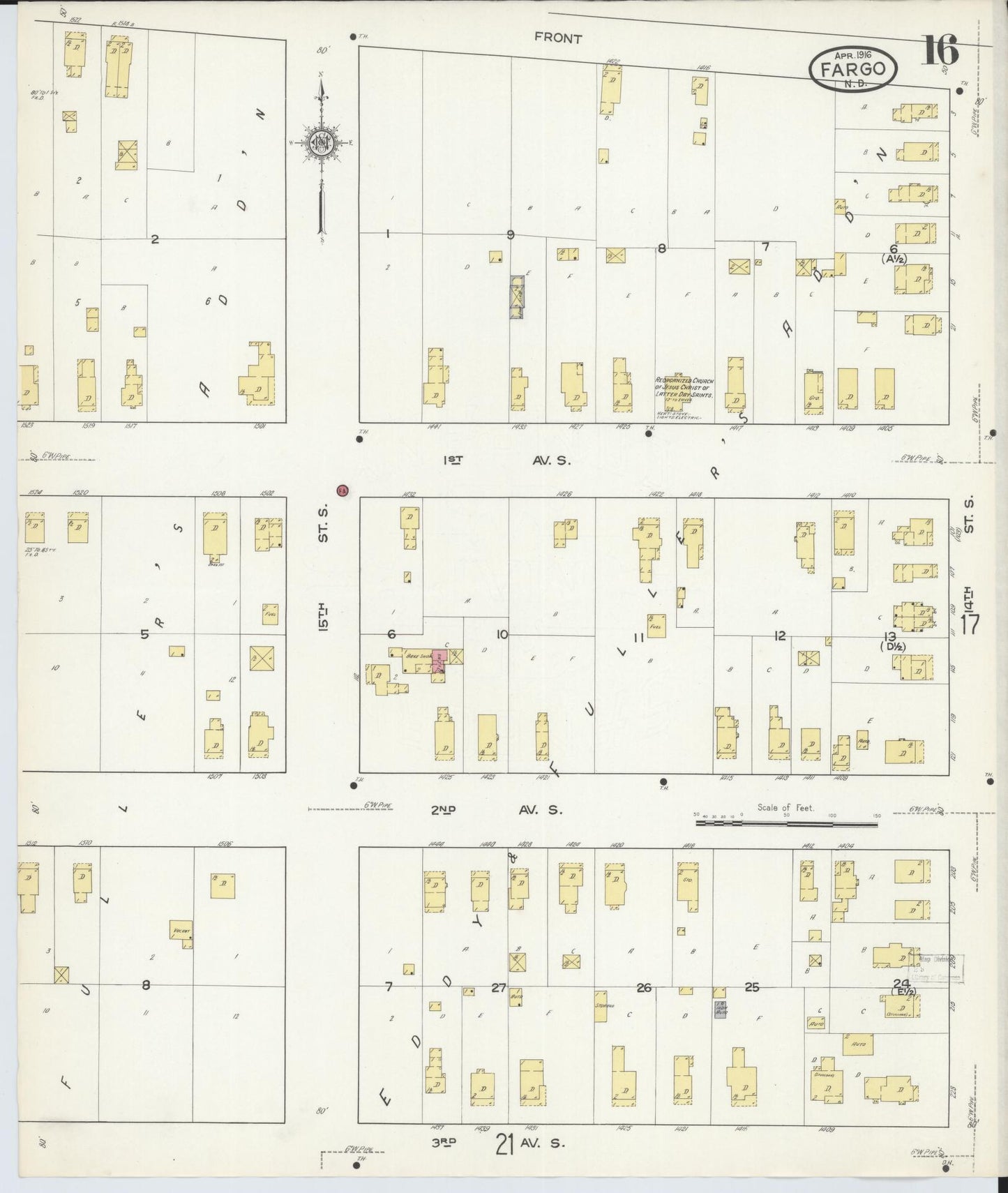 Sanborn Fire Insurance Map from Fargo, Cass County, North Dakota (1916), Sheet #0016 - Historic Sanborn Fire Insurance Map Print, vintage old map wall art, antique decor, genealogy gift, North Dakota North Dakota map