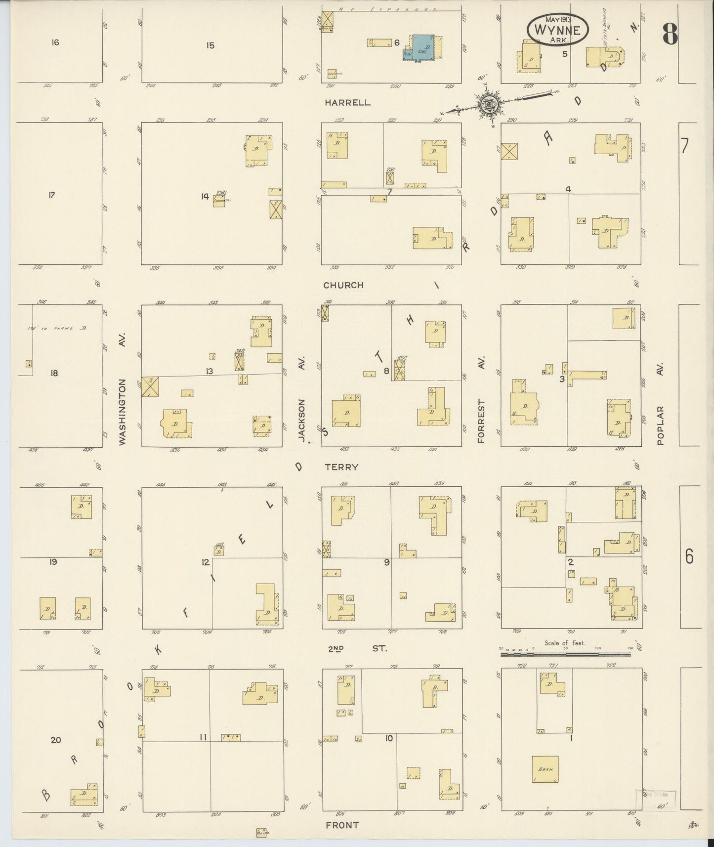 Sanborn Fire Insurance Map from Wynne, Cross County, Arkansas (1913), Sheet #0008 - Historic Sanborn Fire Insurance Map Print, vintage old map wall art, antique decor, genealogy gift, Arkansas Arkansas map