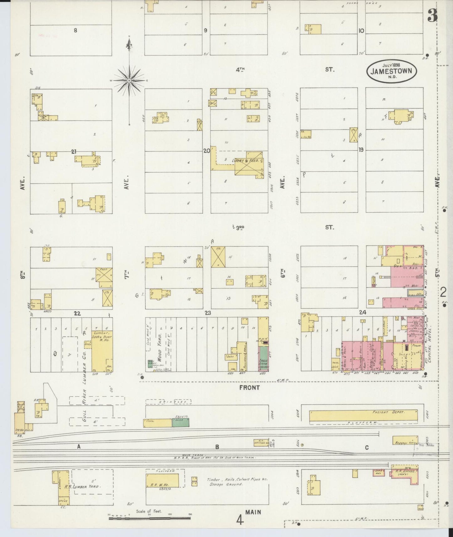 Sanborn Fire Insurance Map from Jamestown, Stutsman County, North Dakota (1898), Sheet #0003 - Historic Sanborn Fire Insurance Map Print, vintage old map wall art, antique decor, genealogy gift, North Dakota North Dakota map