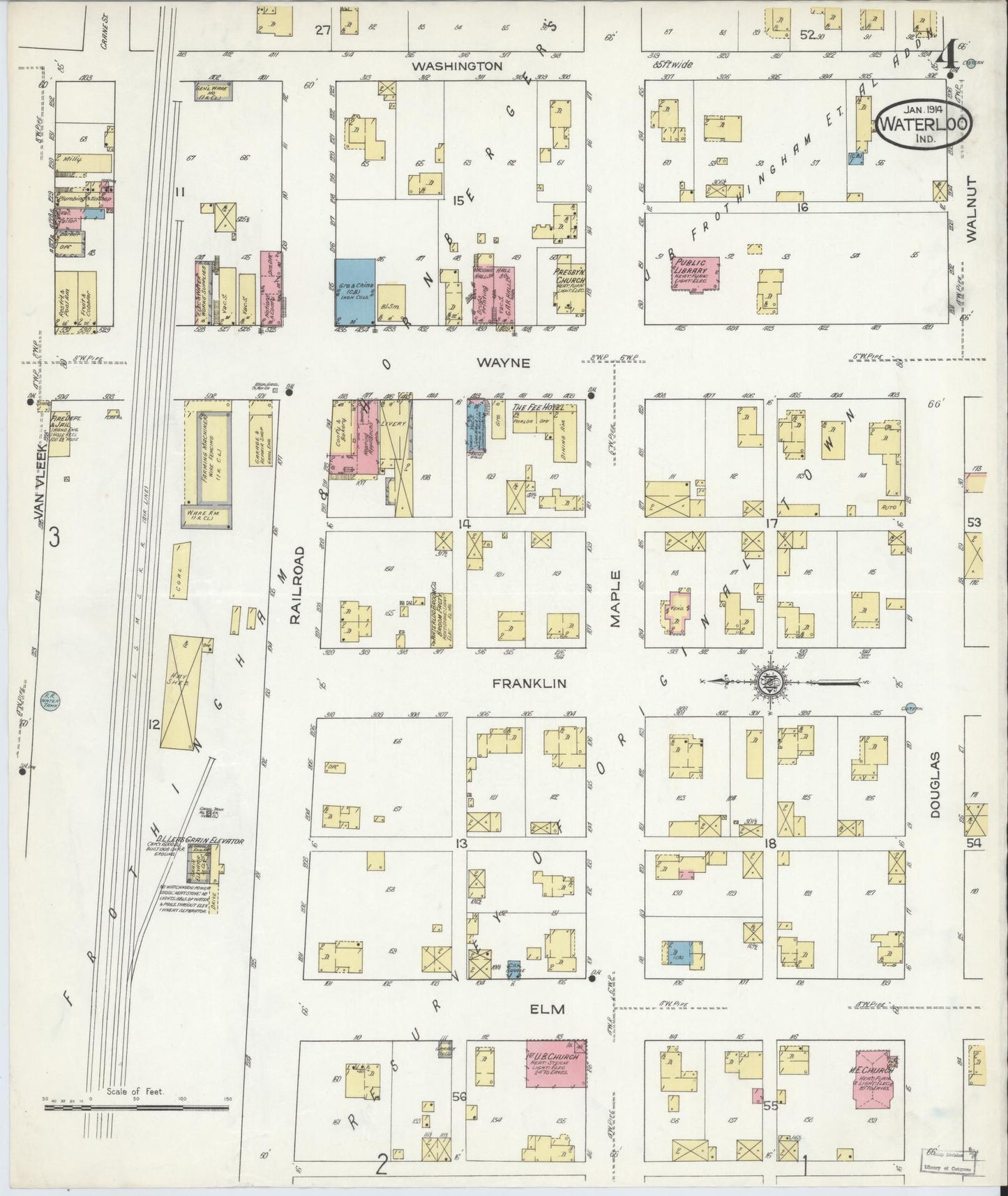 Sanborn Fire Insurance Map from Waterloo, De Kalb County, Indiana (1914), Sheet #0004 - Complete Map Set gallery image, historic Sanborn map, vintage wall art, Indiana Indiana