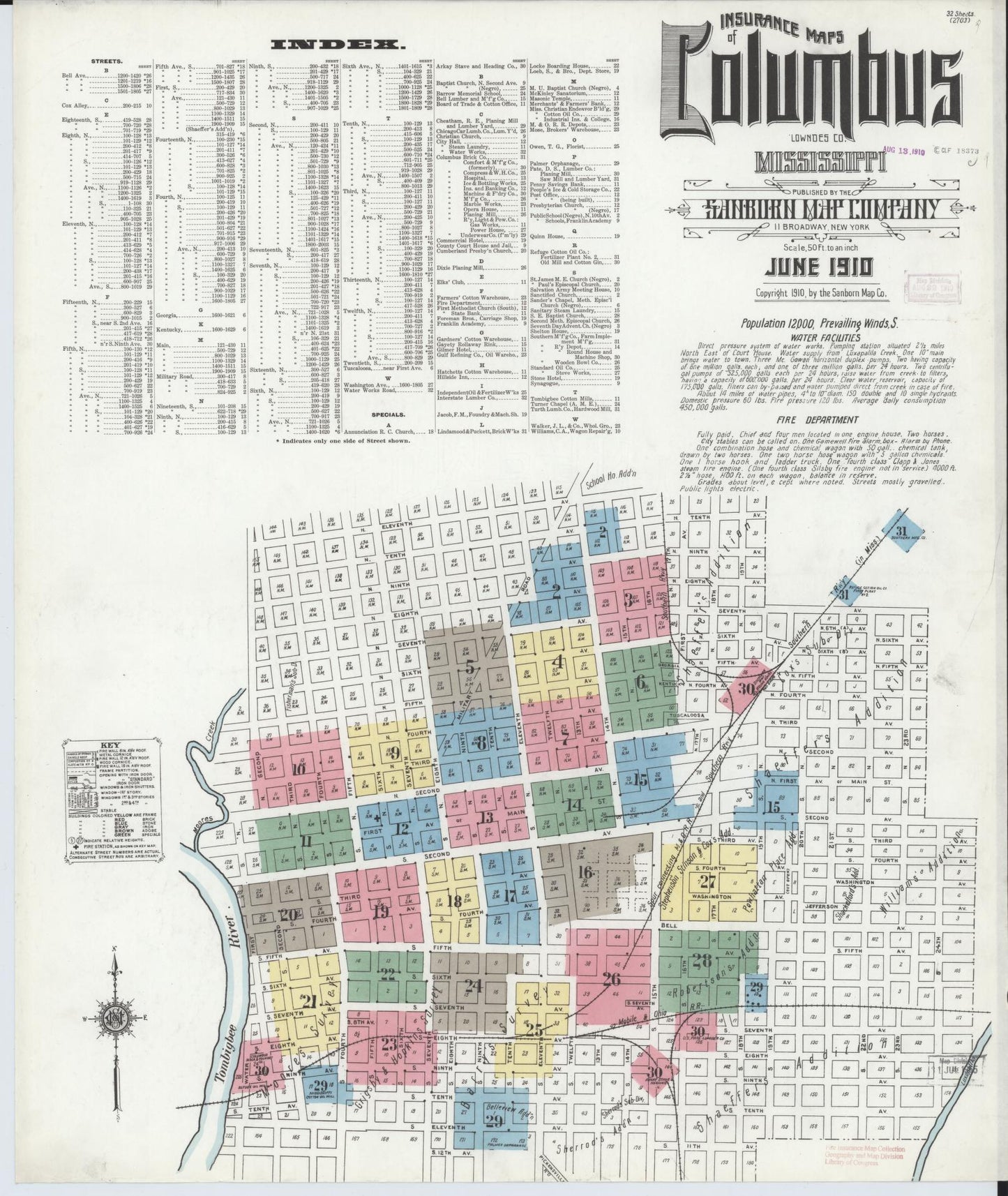 Sanborn Fire Insurance Map from Columbus, Lowndes County, Mississippi (1910), Sheet #0001 - Historic Sanborn Fire Insurance Map Print, vintage old map wall art, antique decor, genealogy gift, Mississippi Mississippi map