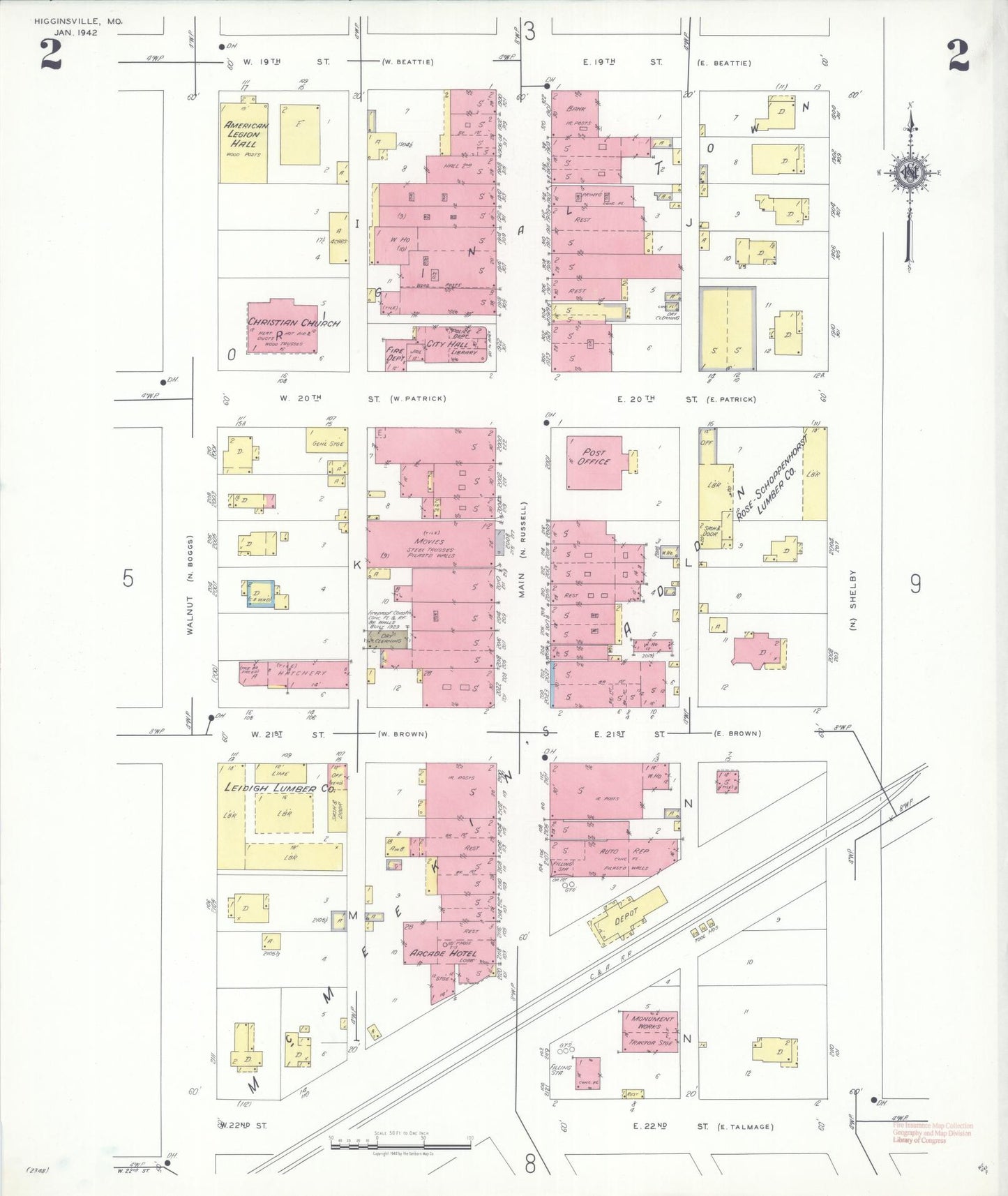 Sanborn Fire Insurance Map from Higginsville, Lafayette County, Missouri (1942), Sheet #0002 - Historic Sanborn Fire Insurance Map Print, vintage old map wall art, antique decor, genealogy gift, Missouri Missouri map