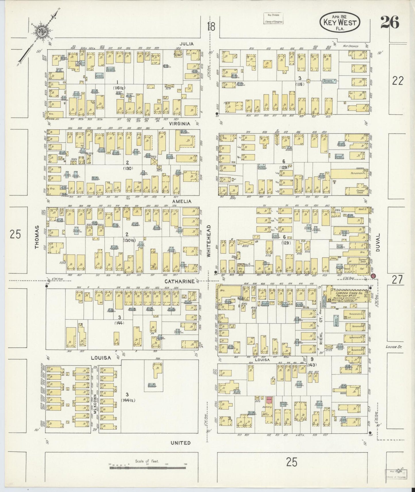 Sanborn Fire Insurance Map from Key West, Monroe County, Florida (1912), Sheet #0026 - Historic Sanborn Fire Insurance Map Print, vintage old map wall art, antique decor, genealogy gift, Florida Florida map