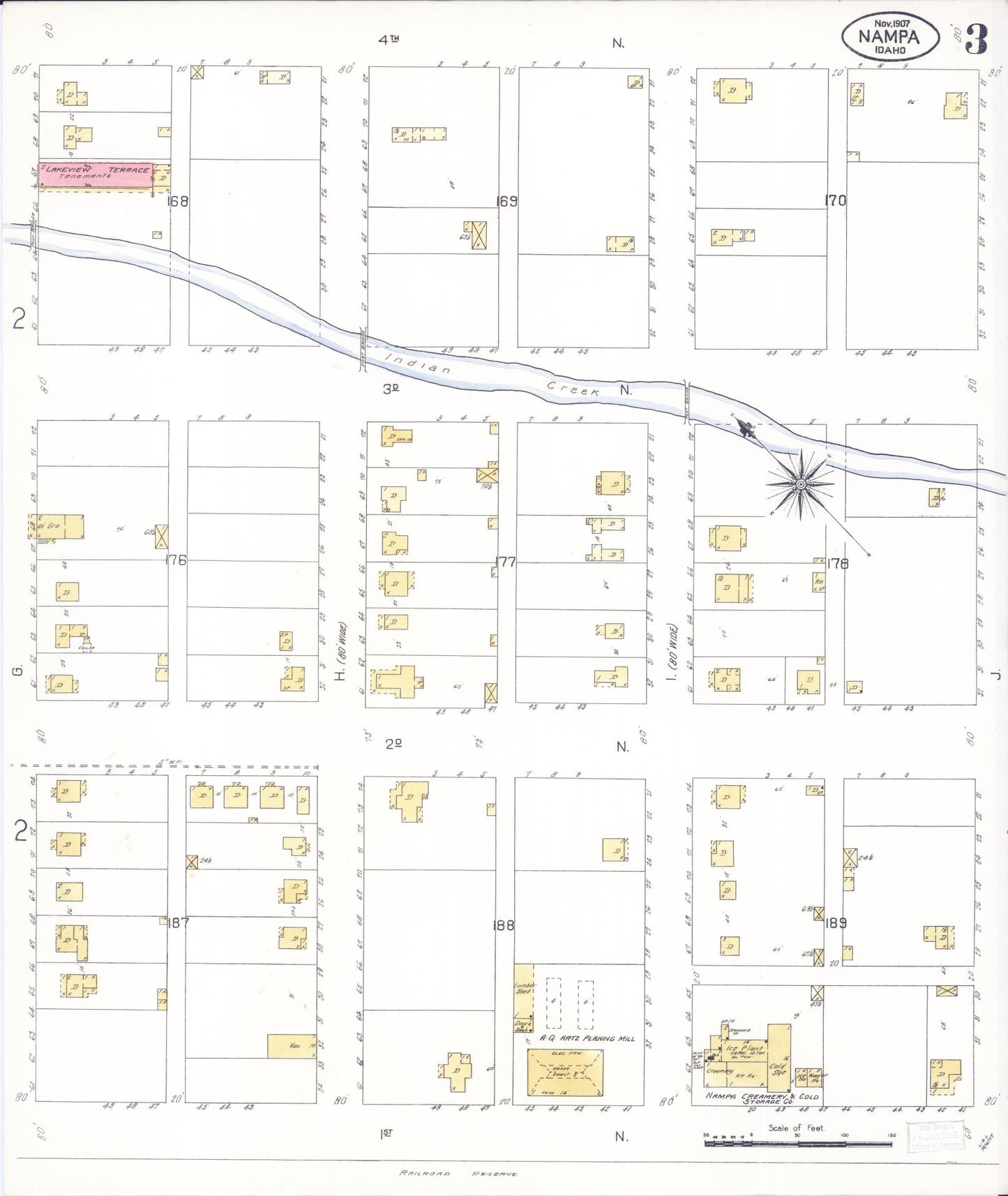 Sanborn Fire Insurance Map from Nampa, Canyon County, Idaho (1907), Sheet #0003 - Historic Sanborn Fire Insurance Map Print, vintage old map wall art, antique decor, genealogy gift, Idaho Idaho map