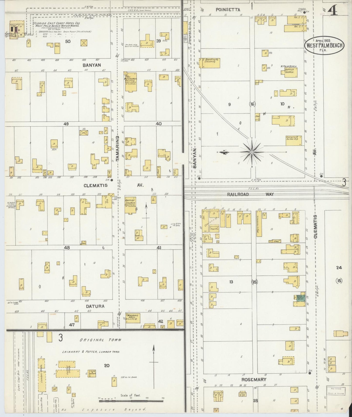 Sanborn Fire Insurance Map from West Palm Beach, Dade County, Florida (1903), Sheet #0004 - Historic Sanborn Fire Insurance Map Print, vintage old map wall art, antique decor, genealogy gift, Florida Florida map