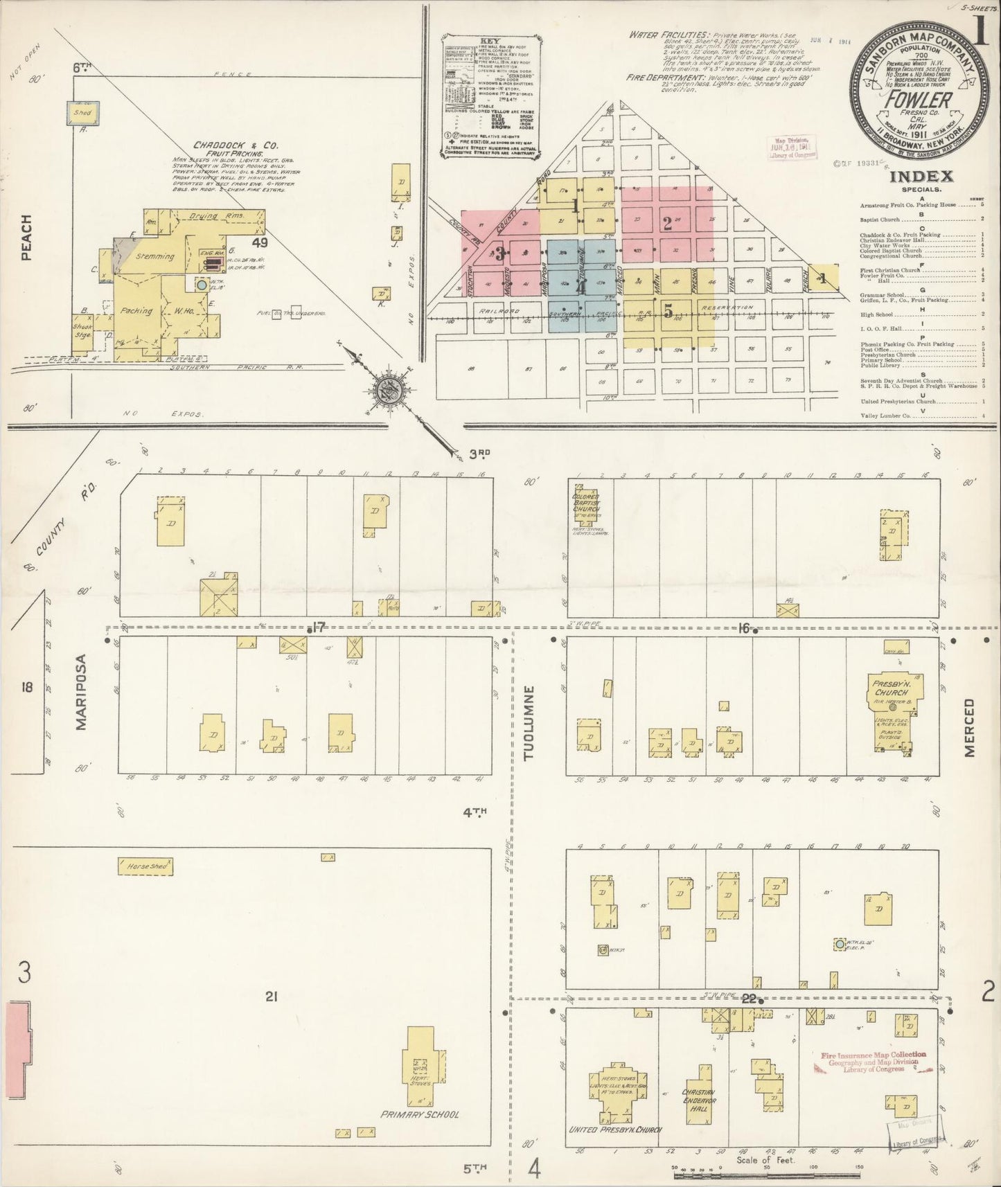 Sanborn Fire Insurance Map from Fowler, Fresno County, California (1911), Sheet #0001 - Historic Sanborn Fire Insurance Map Print, vintage old map wall art, antique decor, genealogy gift, California California map