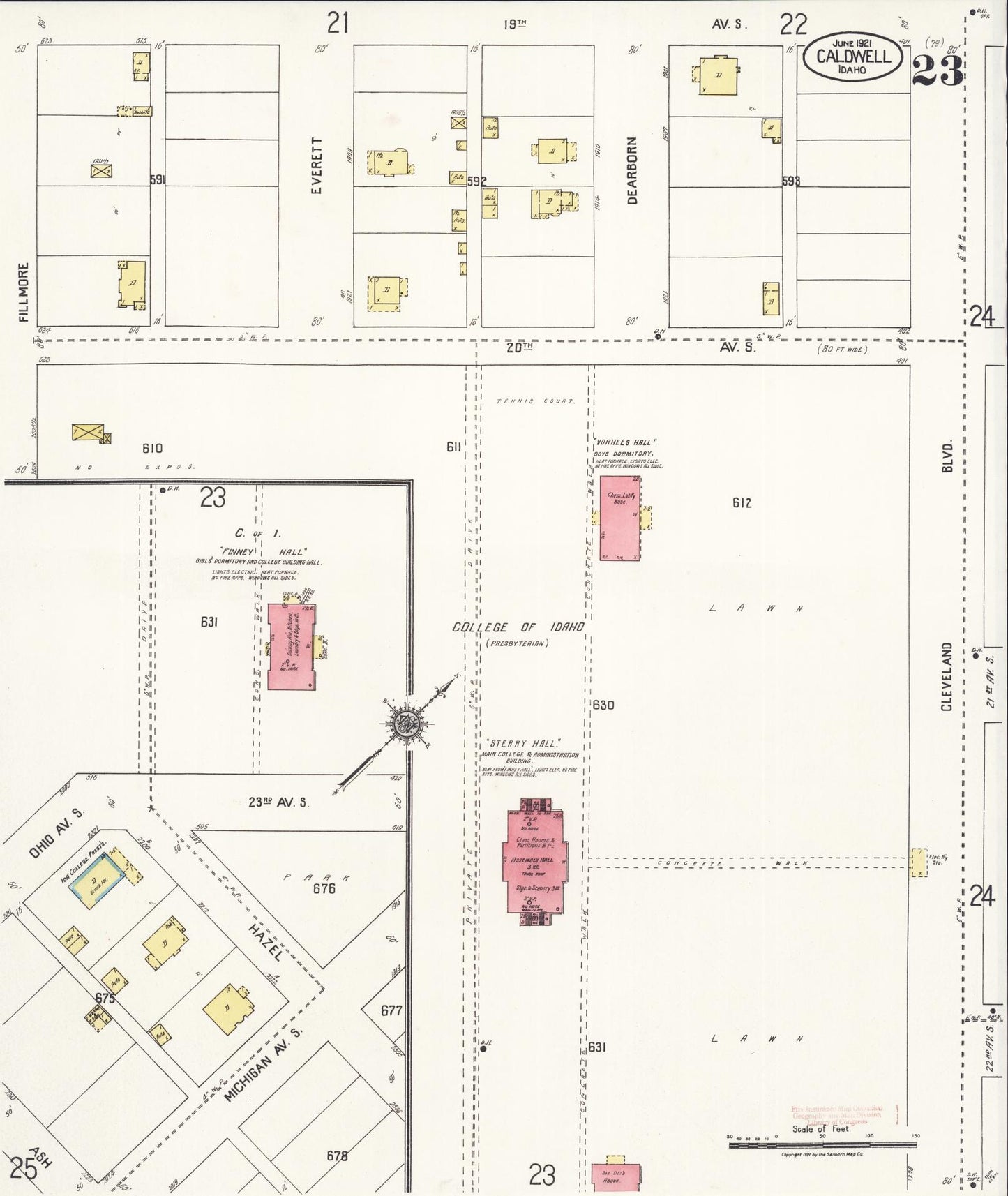 Sanborn Fire Insurance Map from Caldwell, Canyon County, Idaho (1921), Sheet #0023 - Historic Sanborn Fire Insurance Map Print, vintage old map wall art, antique decor, genealogy gift, Idaho Idaho map