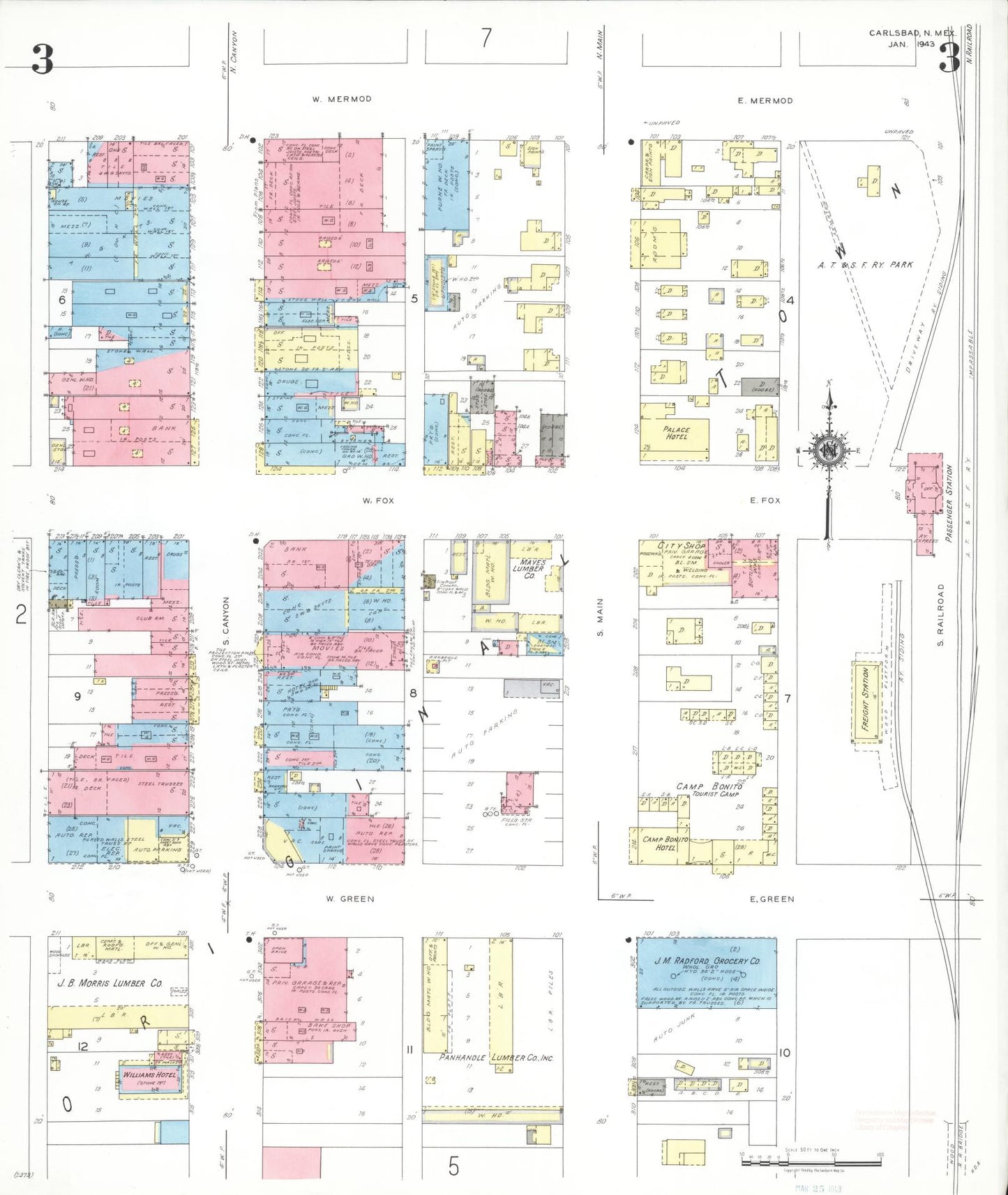 Sanborn Fire Insurance Map from Carlsbad, Eddy County, New Mexico (1943), Sheet #0003 - Historic Sanborn Fire Insurance Map Print, vintage old map wall art, antique decor, genealogy gift, New Mexico New Mexico map