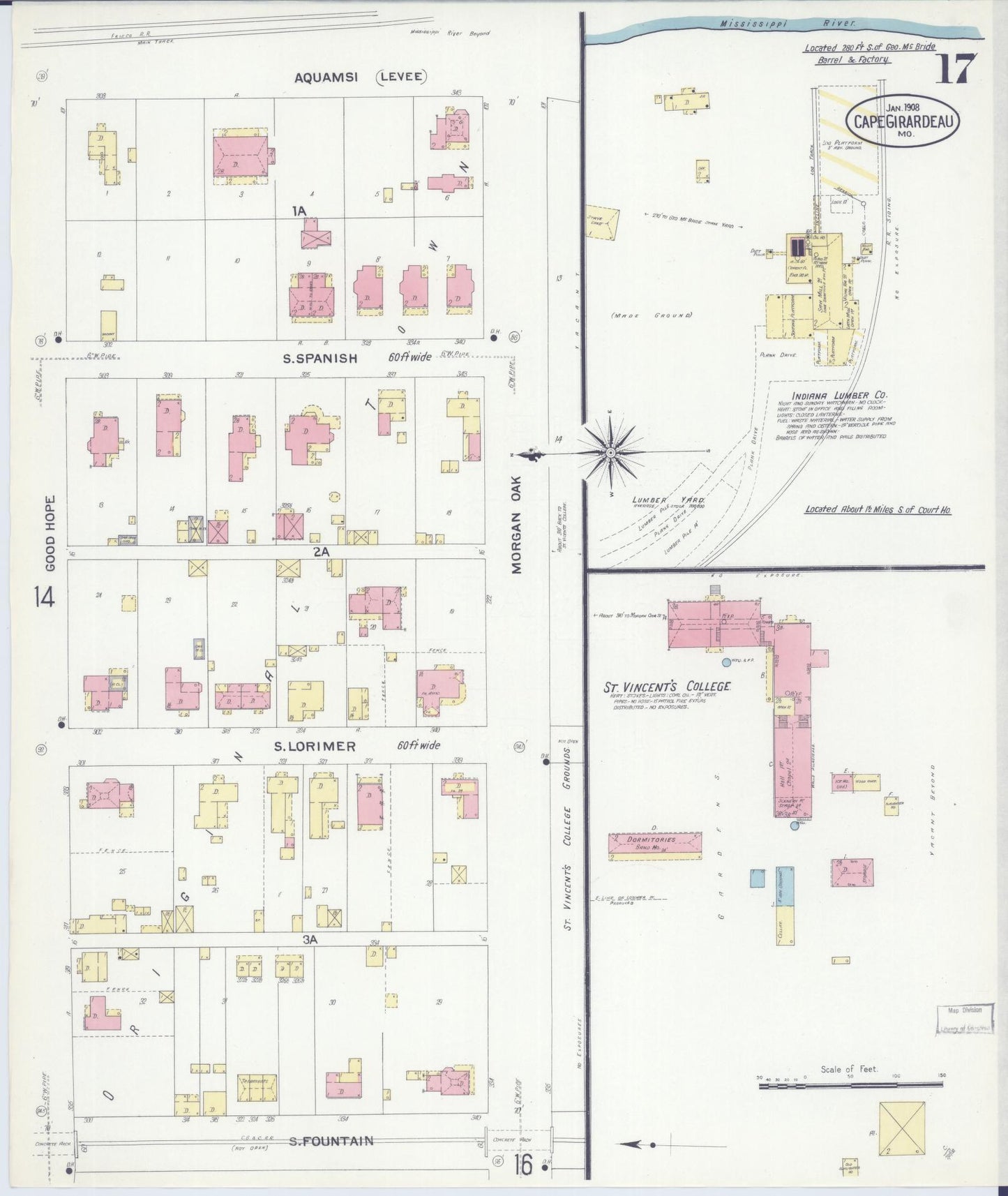 Sanborn Fire Insurance Map from Cape Girardeau, Cape Girardeau County, Missouri (1908), Sheet #0017 - Historic Sanborn Fire Insurance Map Print, vintage old map wall art, antique decor, genealogy gift, Missouri Missouri map